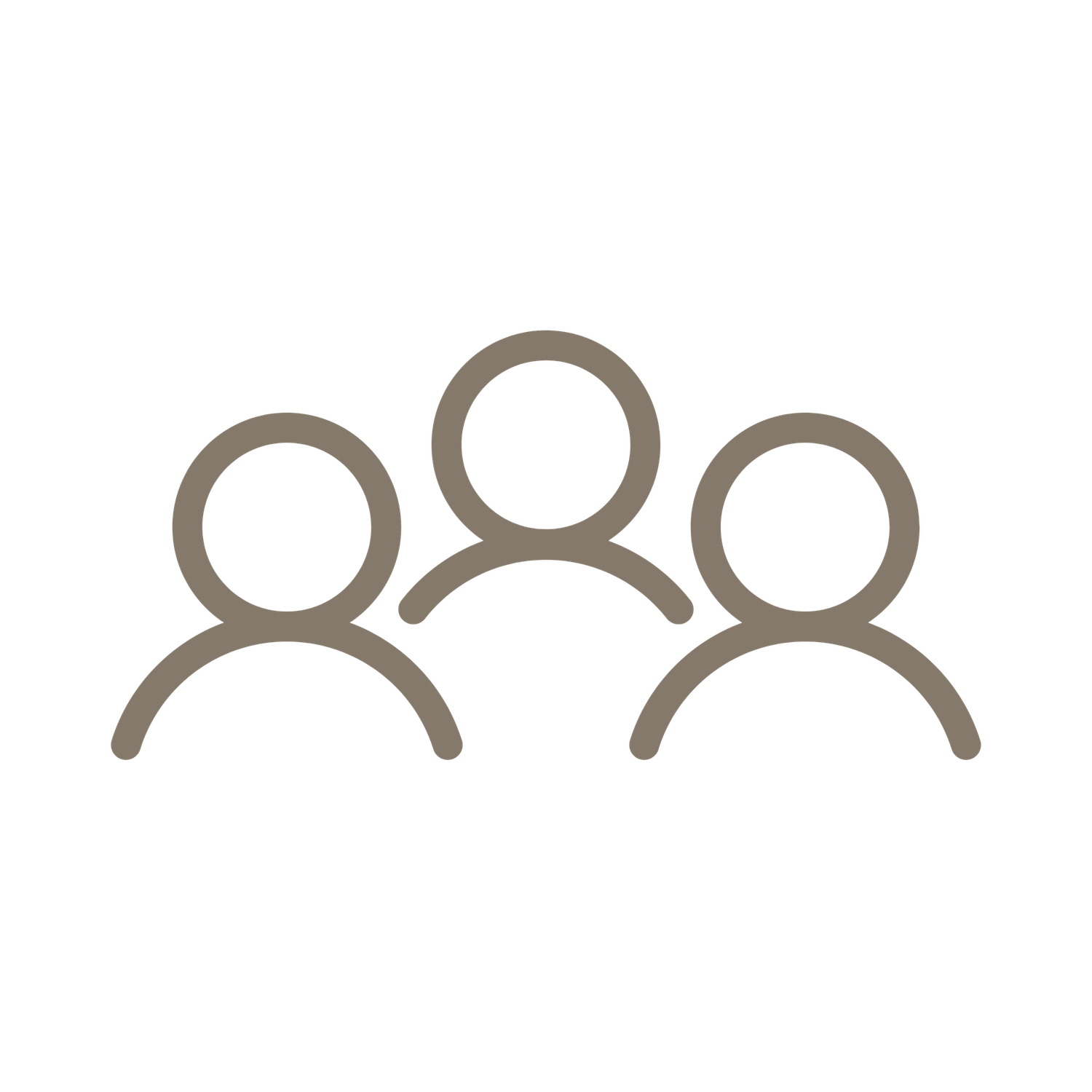 Three people group icon outline in taupe brown on white background.