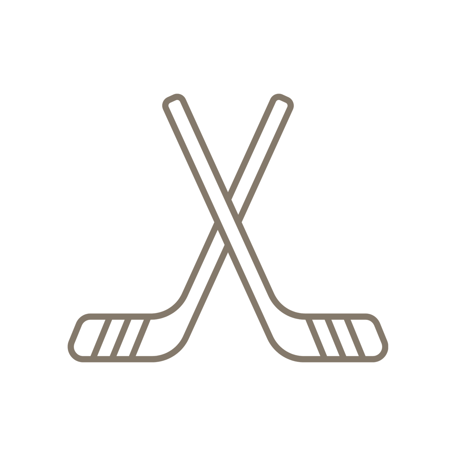 Two crossed hockey sticks icon in taupe outline style for sports design use.