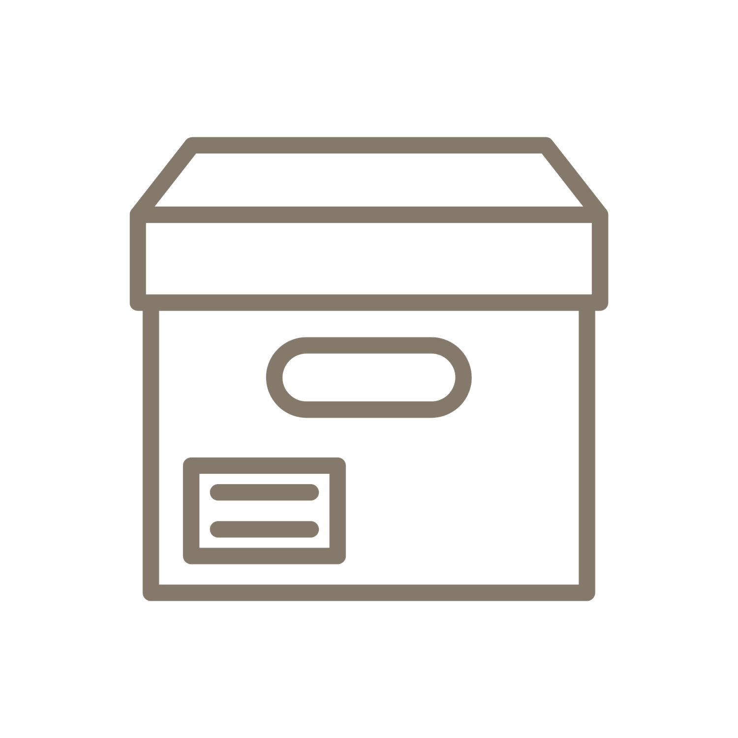 Storage box with handle and label icon in taupe brown on white background.