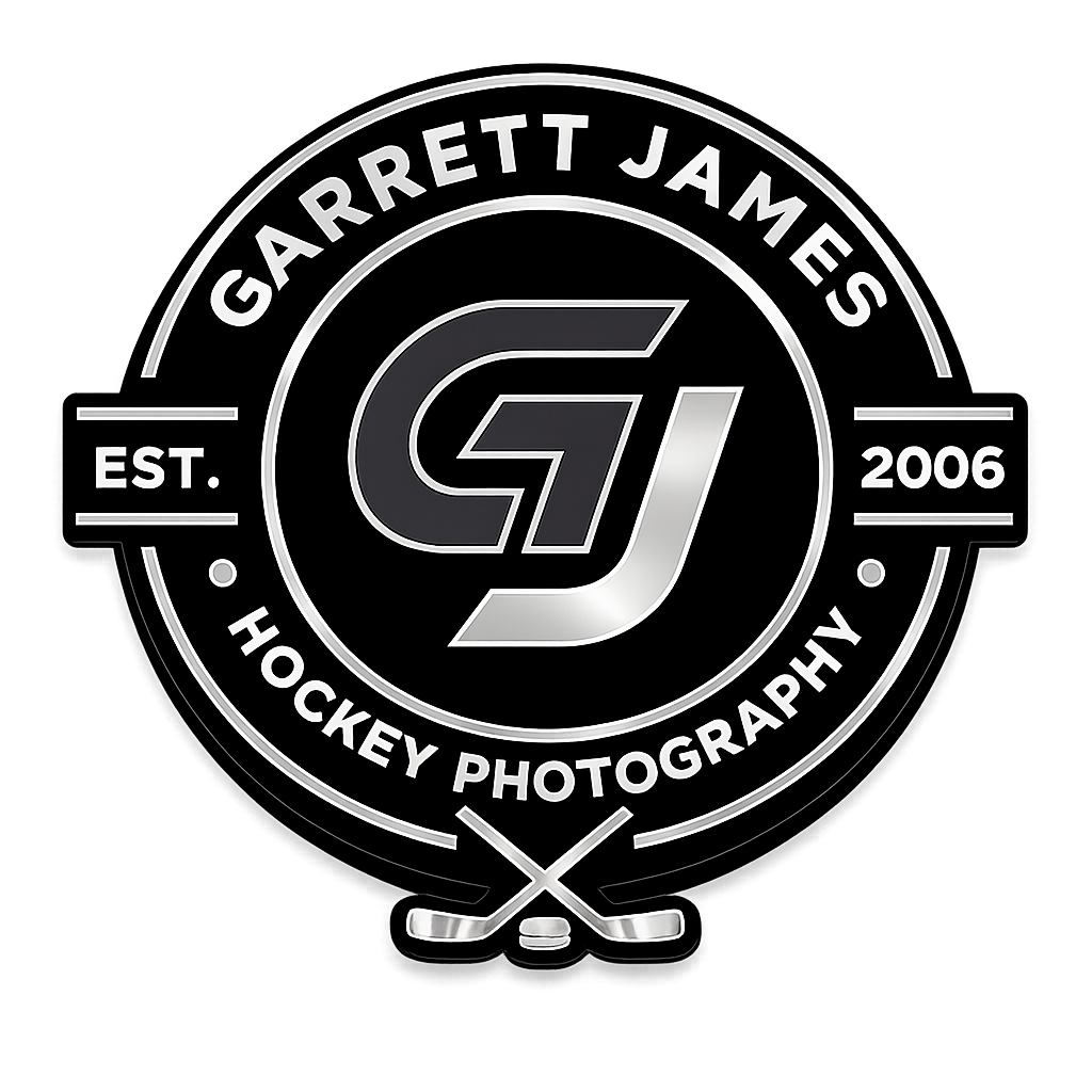 Black and white circular logo for Garrett James Hockey Photography, established 2006, featuring GJ monogram and crossed hockey sticks.