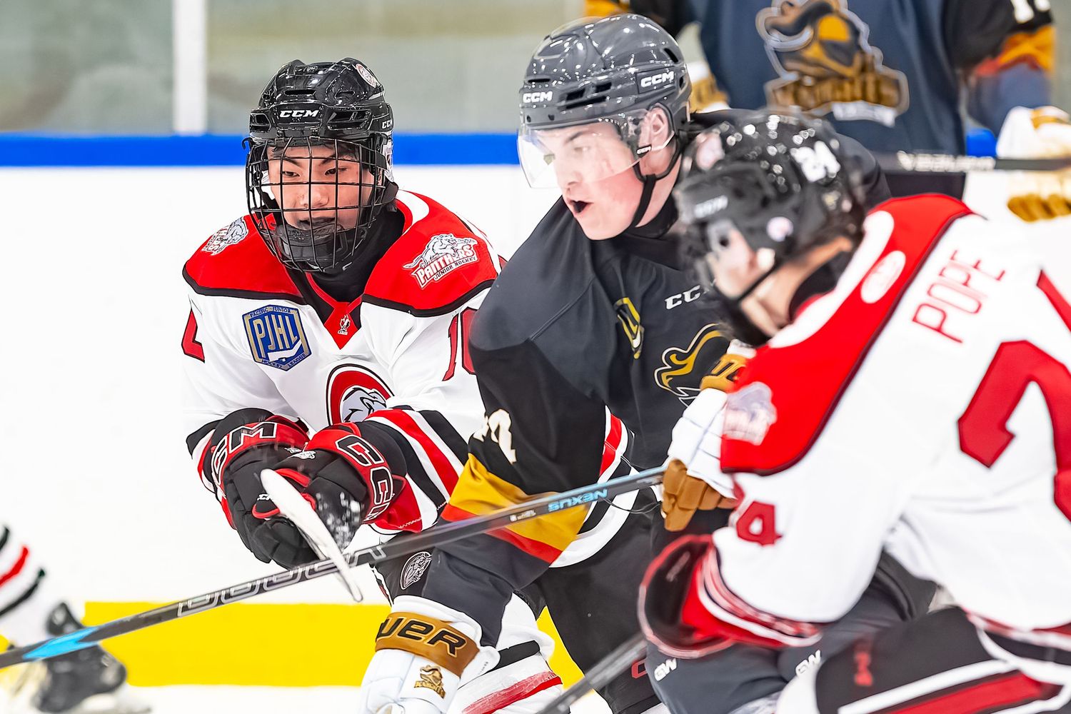 Youth ice hockey players compete in a face-off during an intense junior league game on an indoor rink.