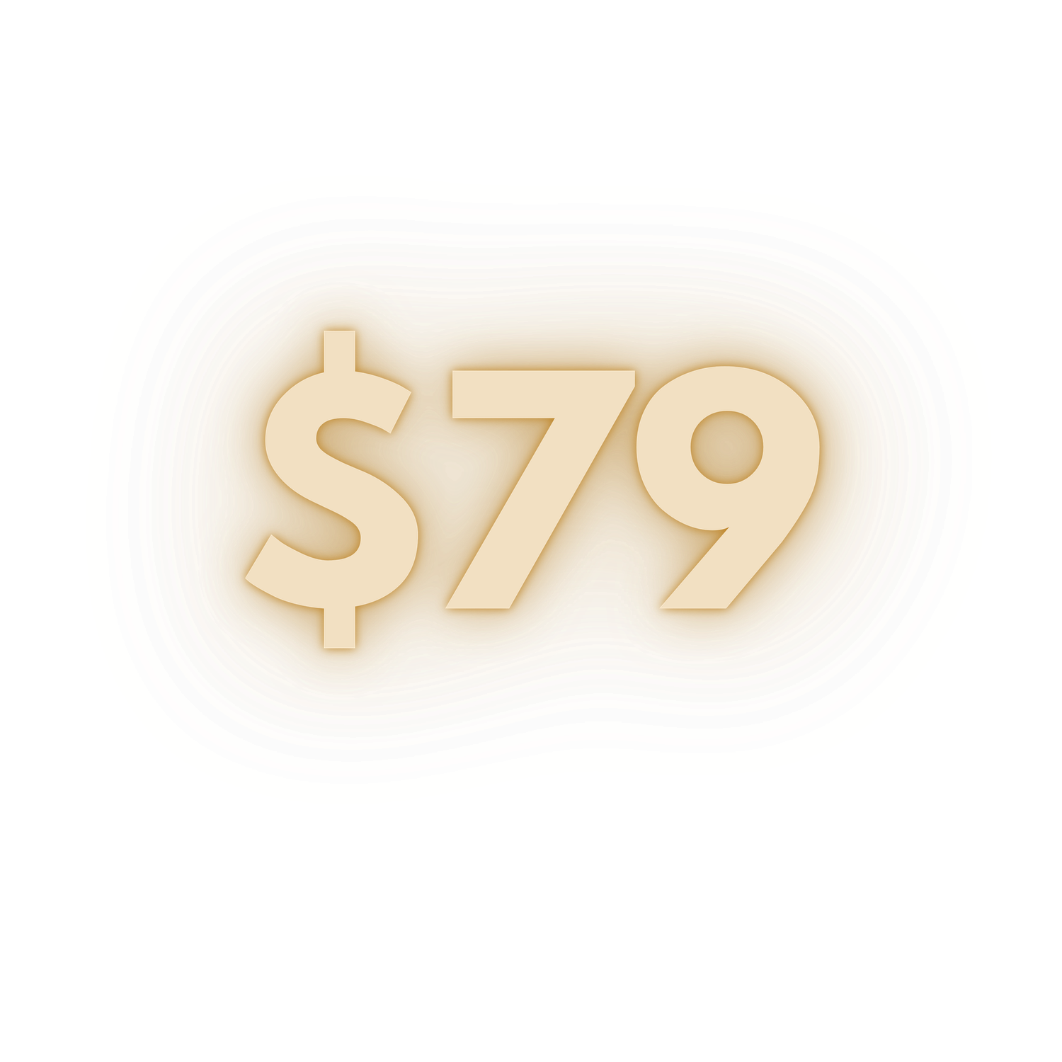 Golden 3D text displaying $79 price tag with warm glowing effect on white background.