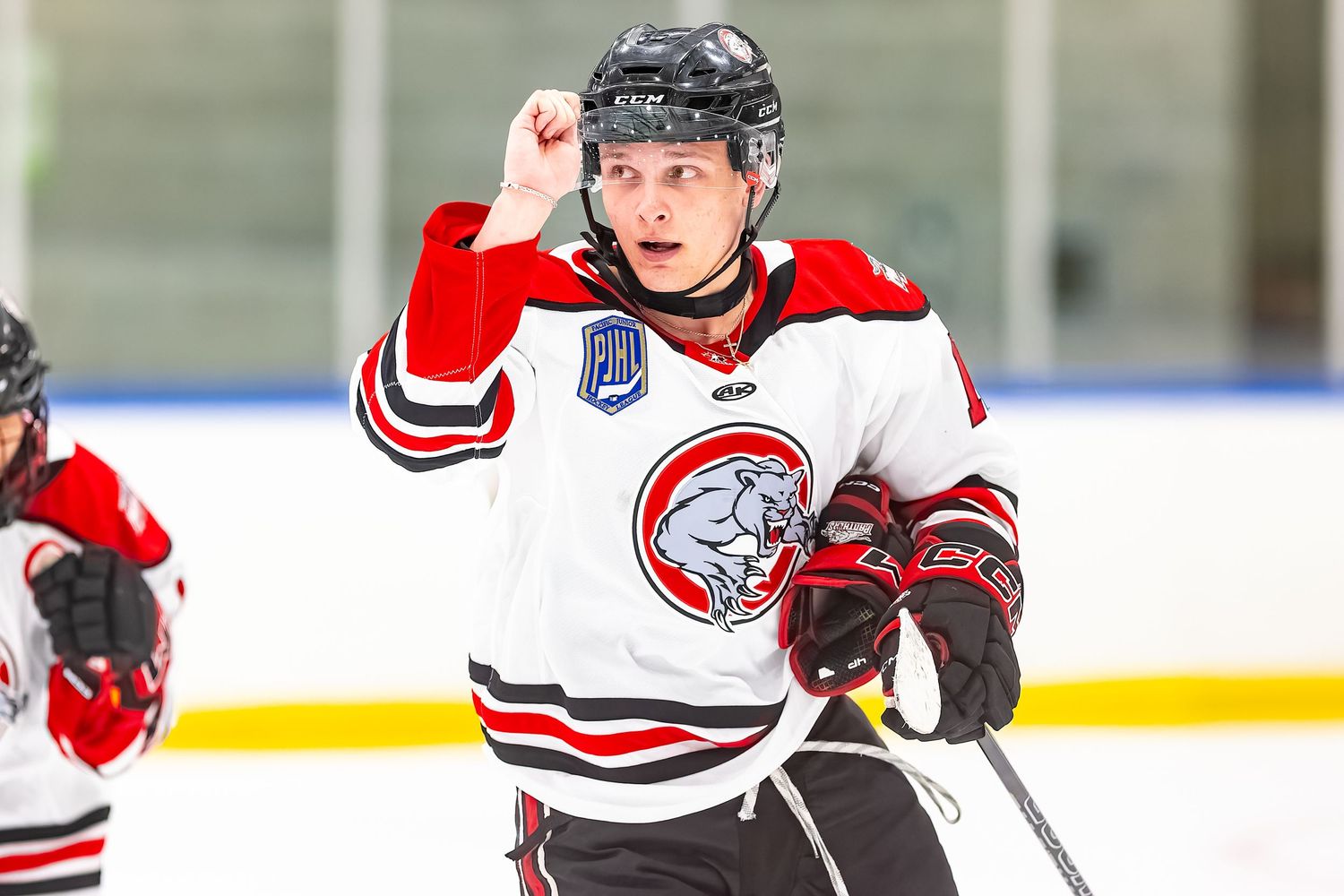 Young ice hockey player in red and white uniform celebrates on the rink, raising his fist in victory.