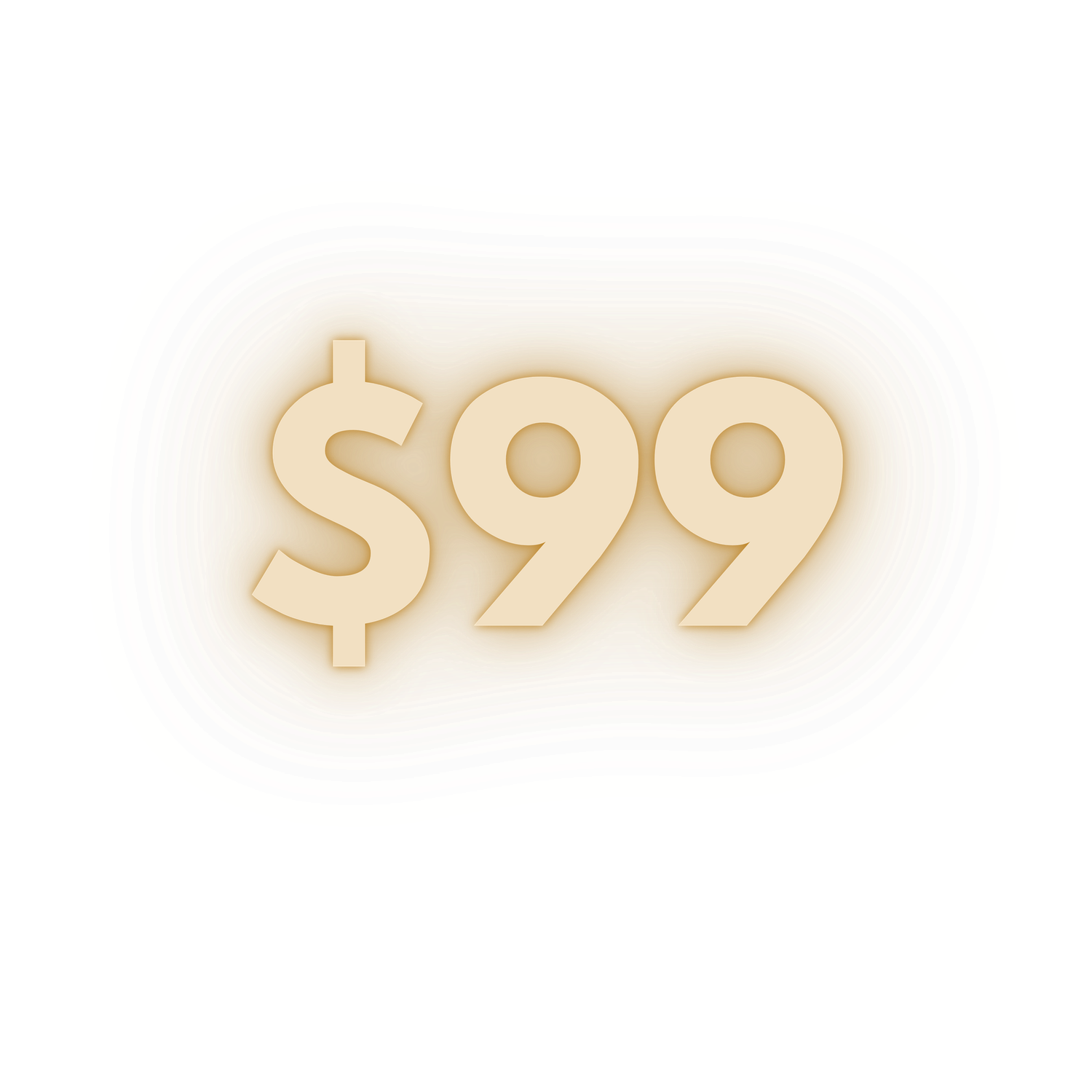 Golden $99 price tag with glowing warm light effect on white background.