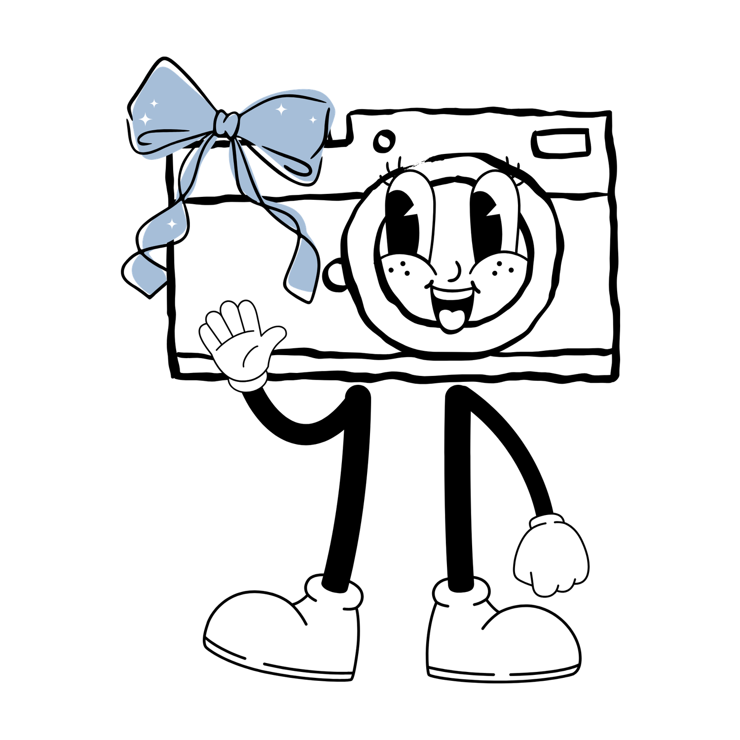 Cute retro cartoon camera character mascot waving with a blue bow on top wearing white shoes.