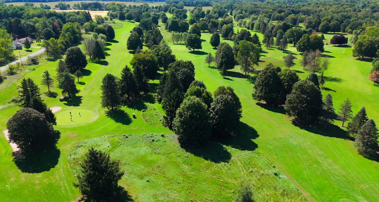 Aerial view of a lush green golf course with fairways, sand bunkers, and clusters of mature trees casting shadows on a sunny day.