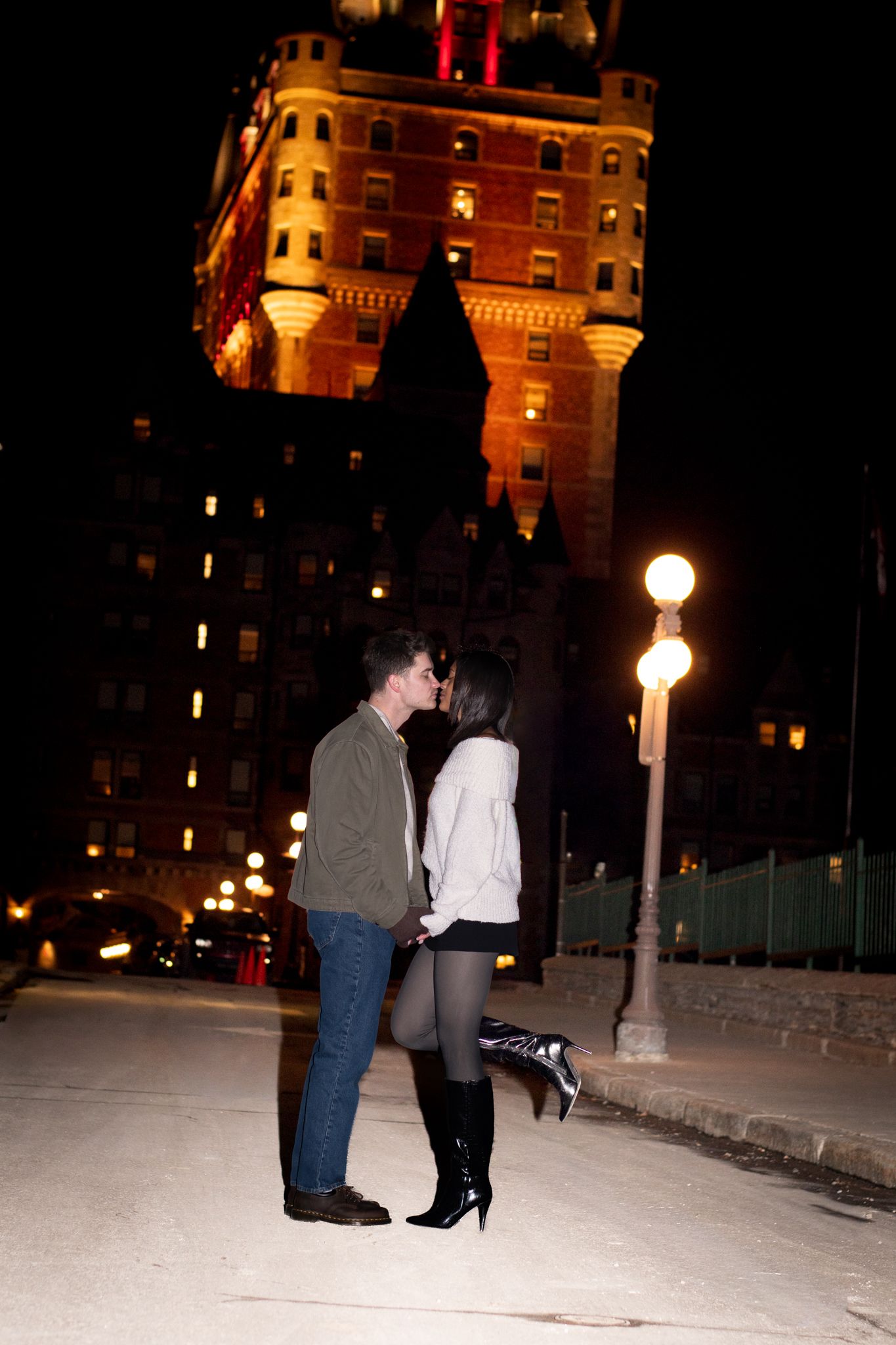night time city lights in quebec city in canada in front of chateau frontenac