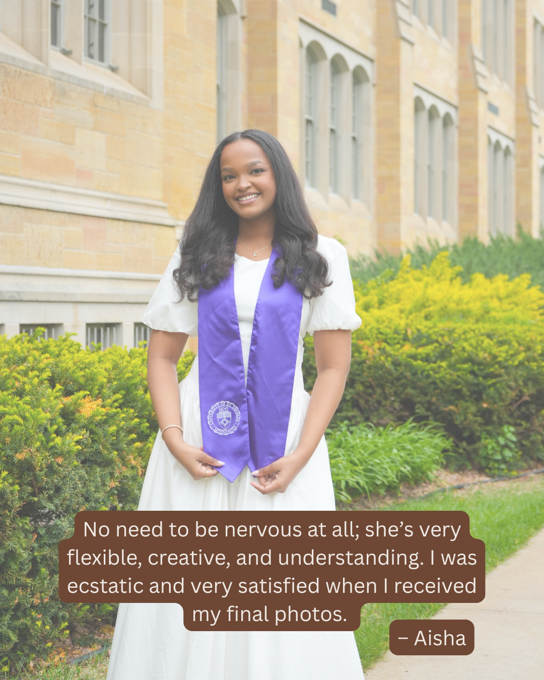 Smiling graduate in white dress and purple stole poses outdoors with a glowing client testimonial quote overlay.