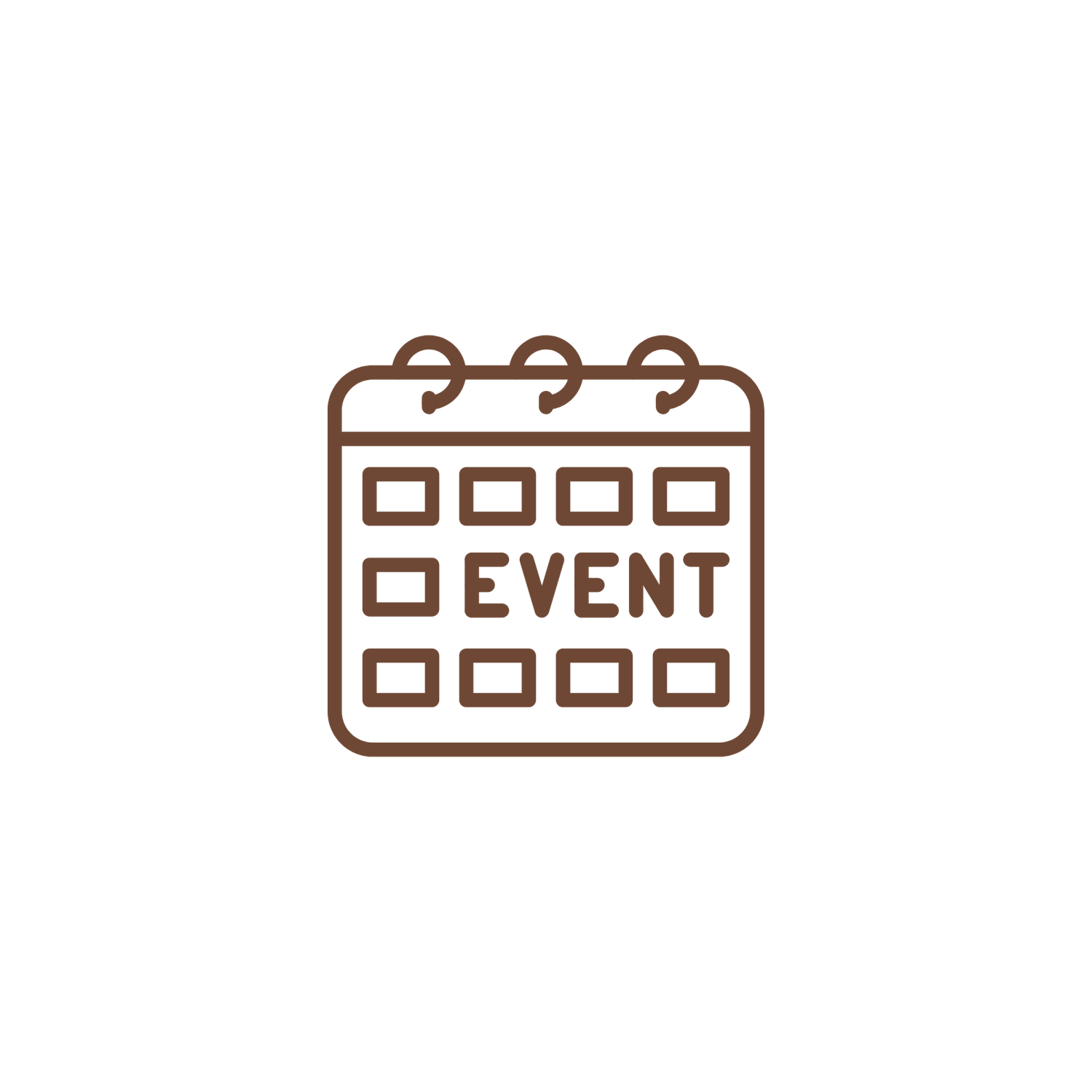 Brown outline icon of a calendar with EVENT text highlighted, representing scheduling and event planning.
