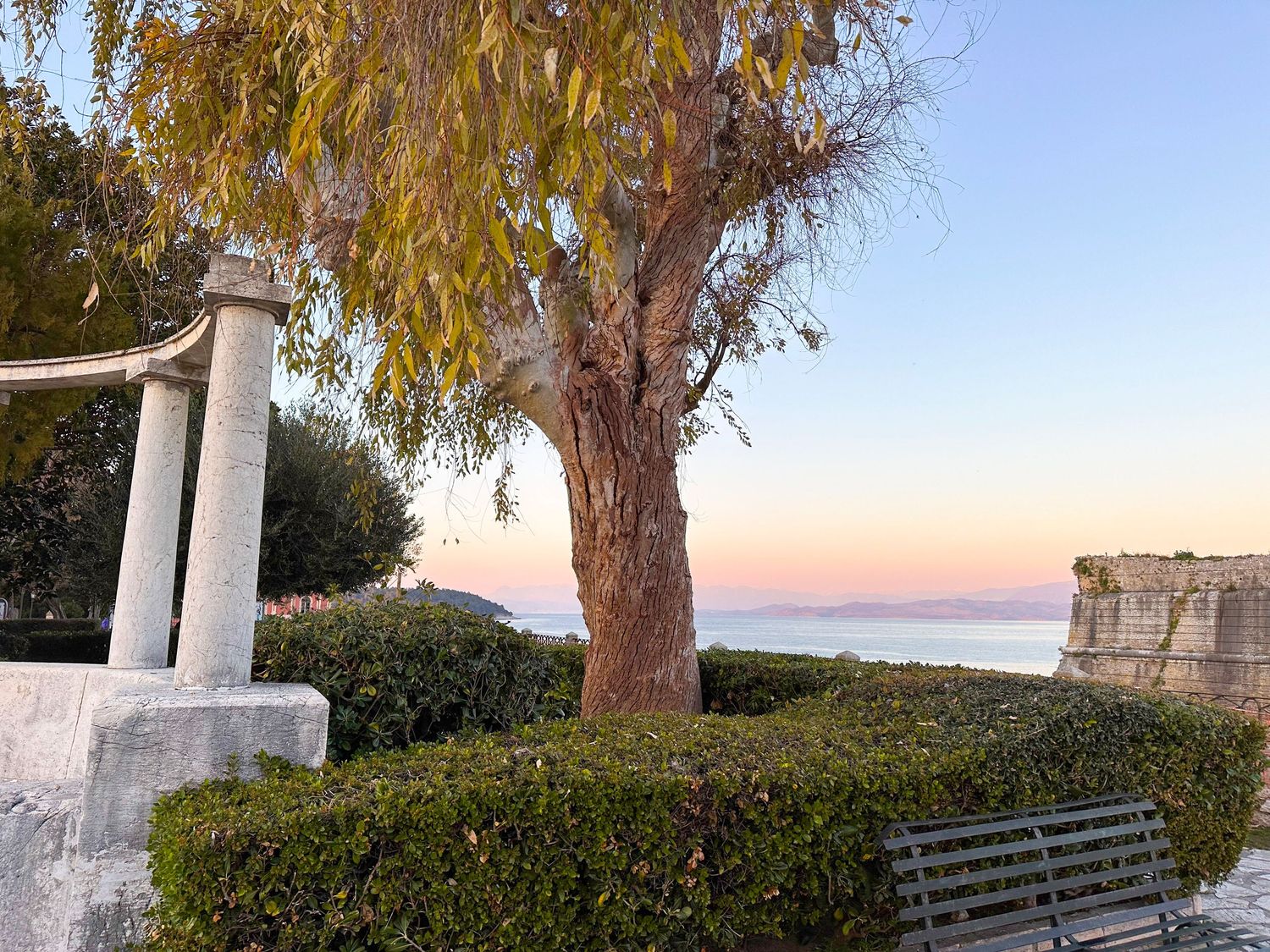 Scenic coastal park at sunset with a tree, white columns, hedges, and a bench overlooking the calm sea.