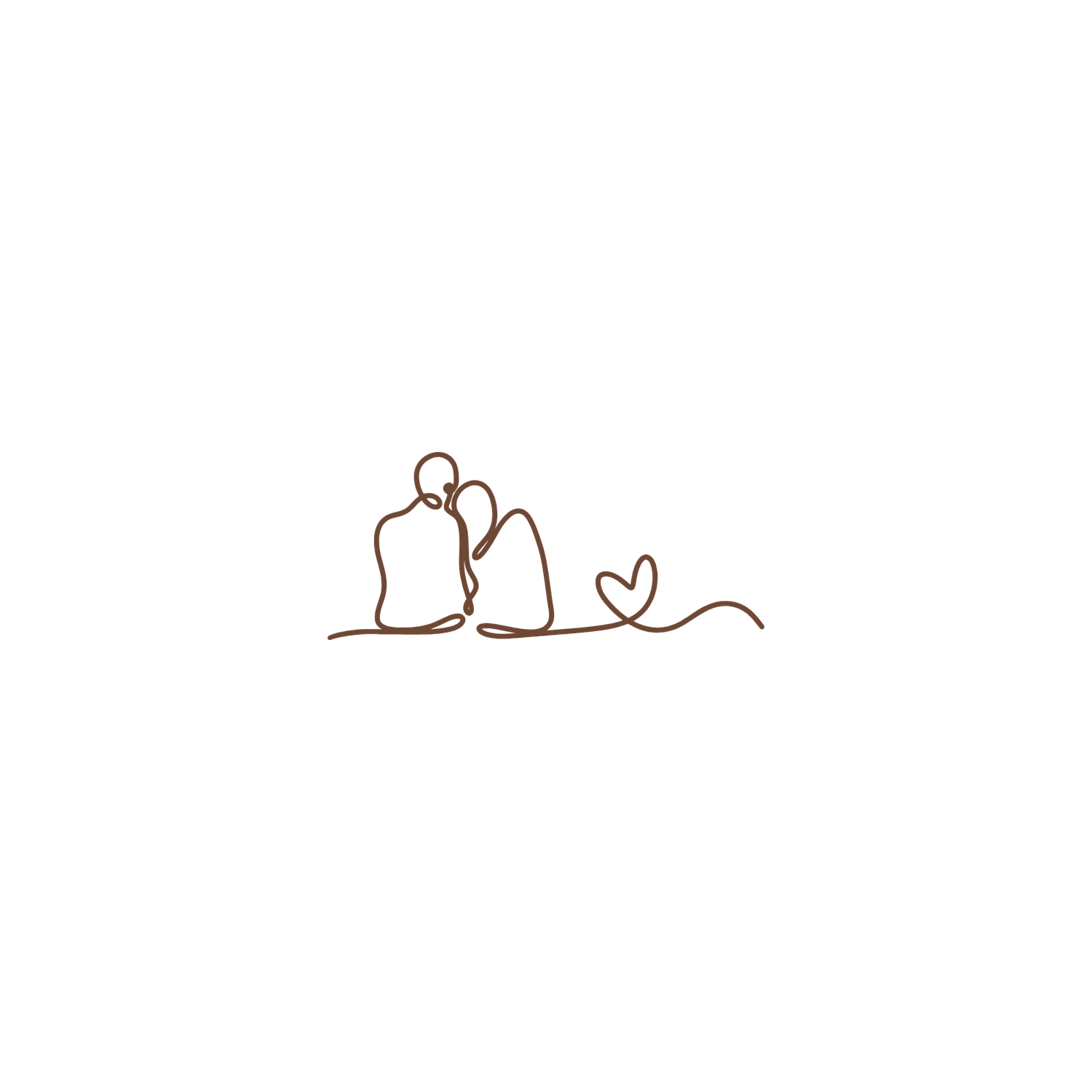 Minimalist one-line drawing of a couple sitting together with a small heart, romantic art in brown ink.
