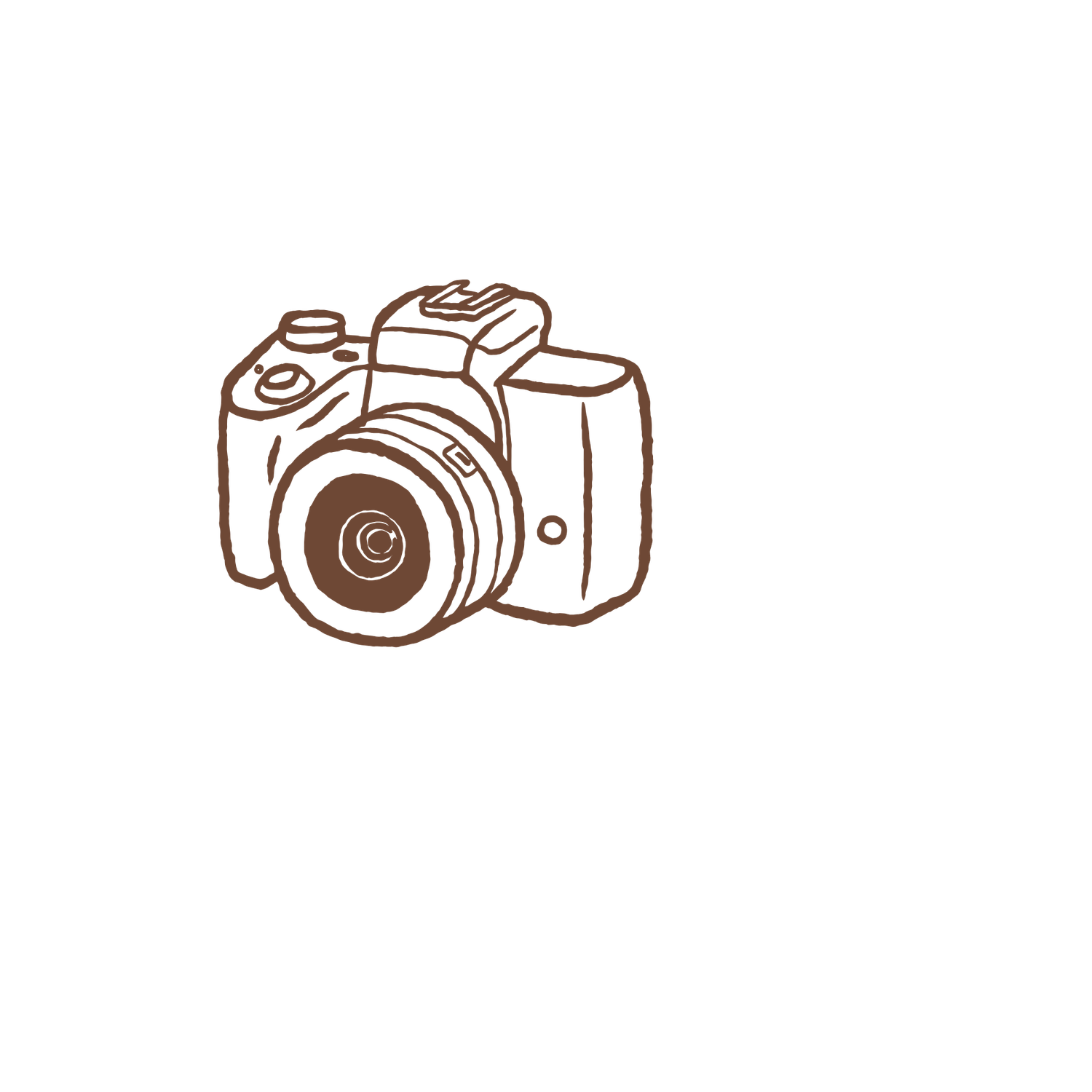 A hand-drawn sketch of a DSLR camera with a wide-angle lens, illustrated in brown ink on a white background.