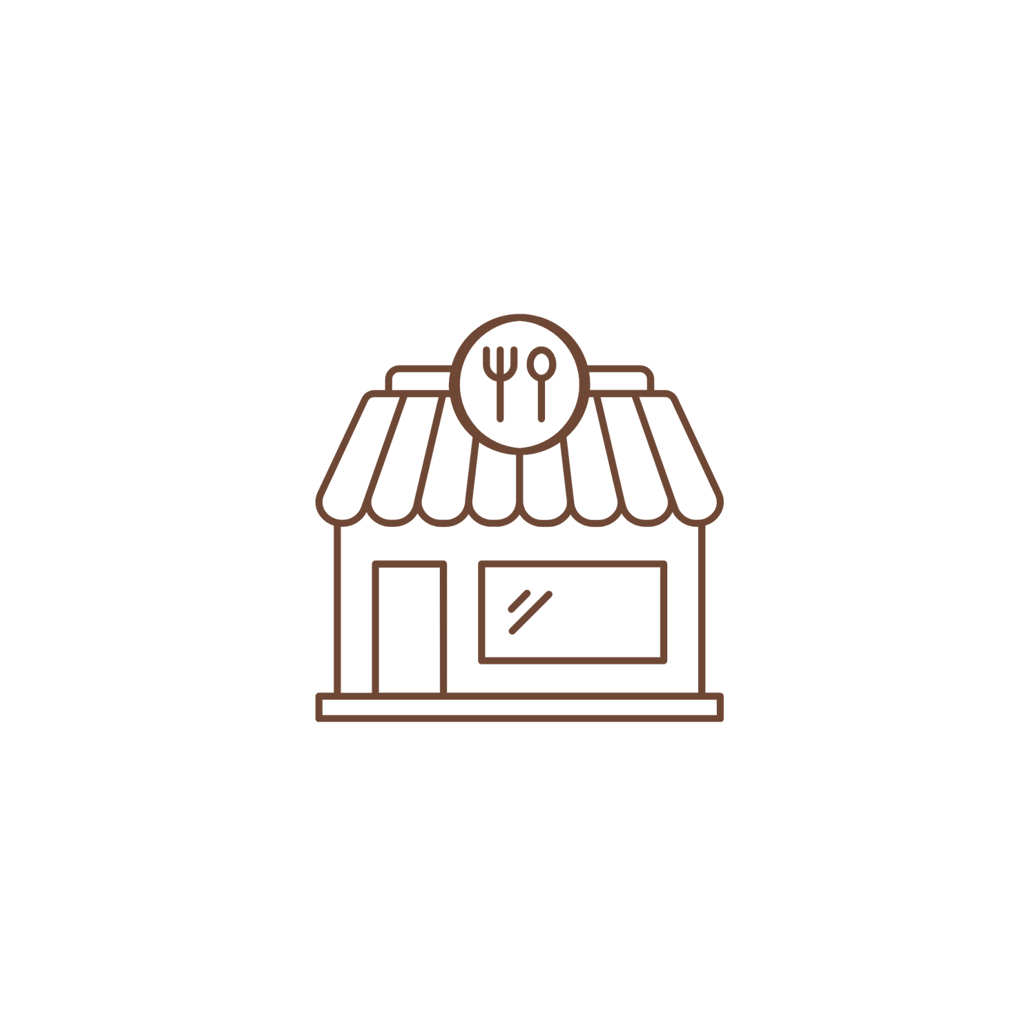 Line art icon of a restaurant storefront with a fork and spoon sign, featuring striped awning and display window.