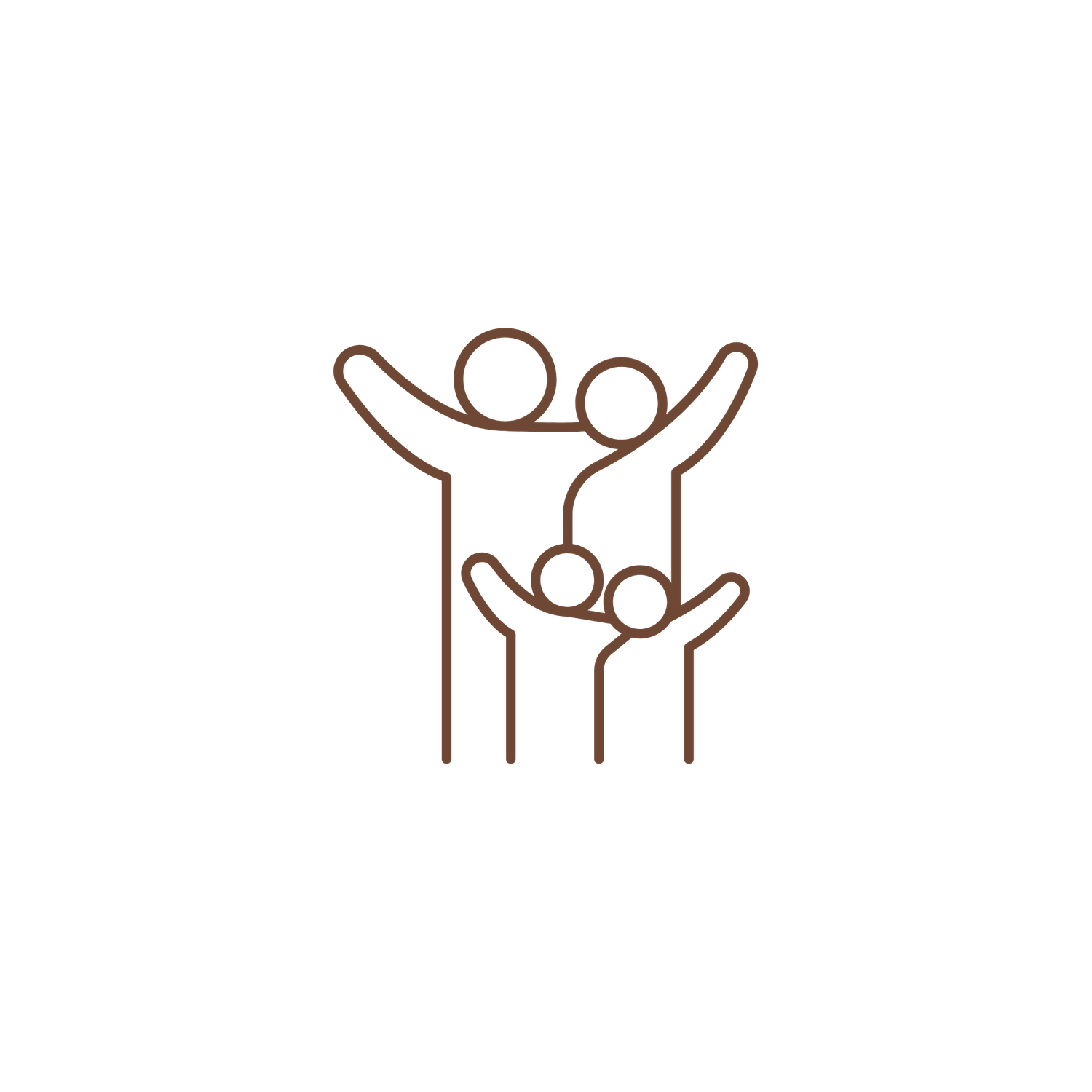 Brown line art icon of a family with raised arms, symbolizing unity, support, and togetherness.