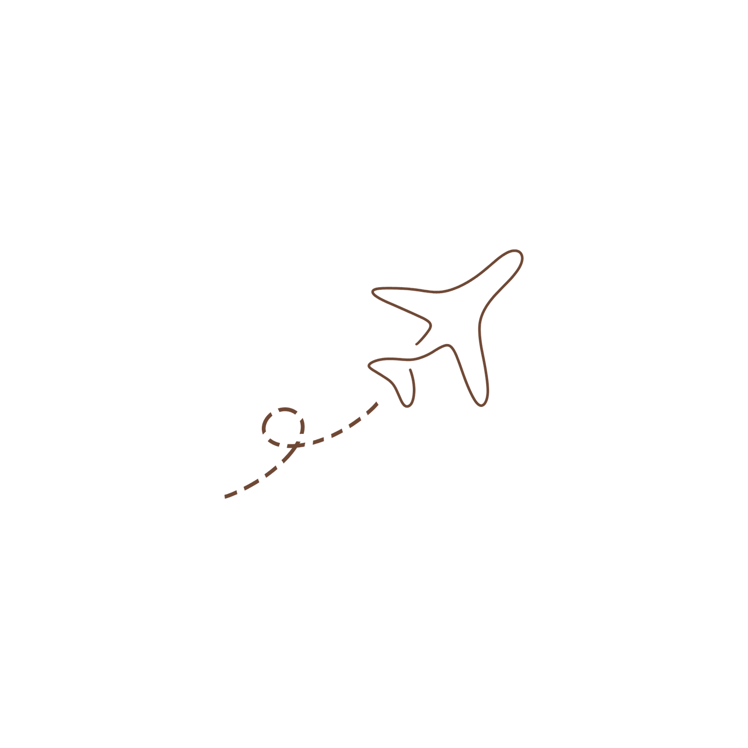 Minimalist line art airplane icon with dashed trail path in brown on white background.