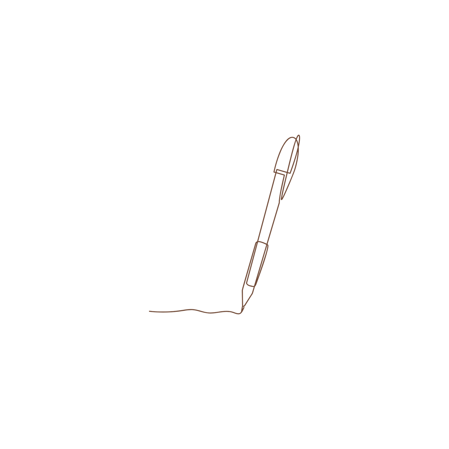 Minimalist one line drawing of a pen signing a signature in brown ink on white background.