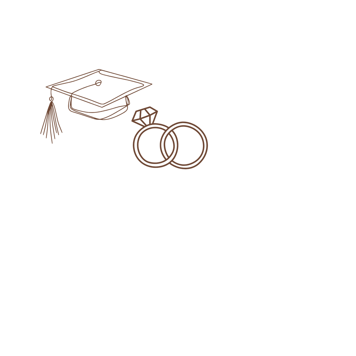 Line art illustration of a graduation cap with tassel and two intertwined wedding rings with diamond, symbolizing education and marriage.