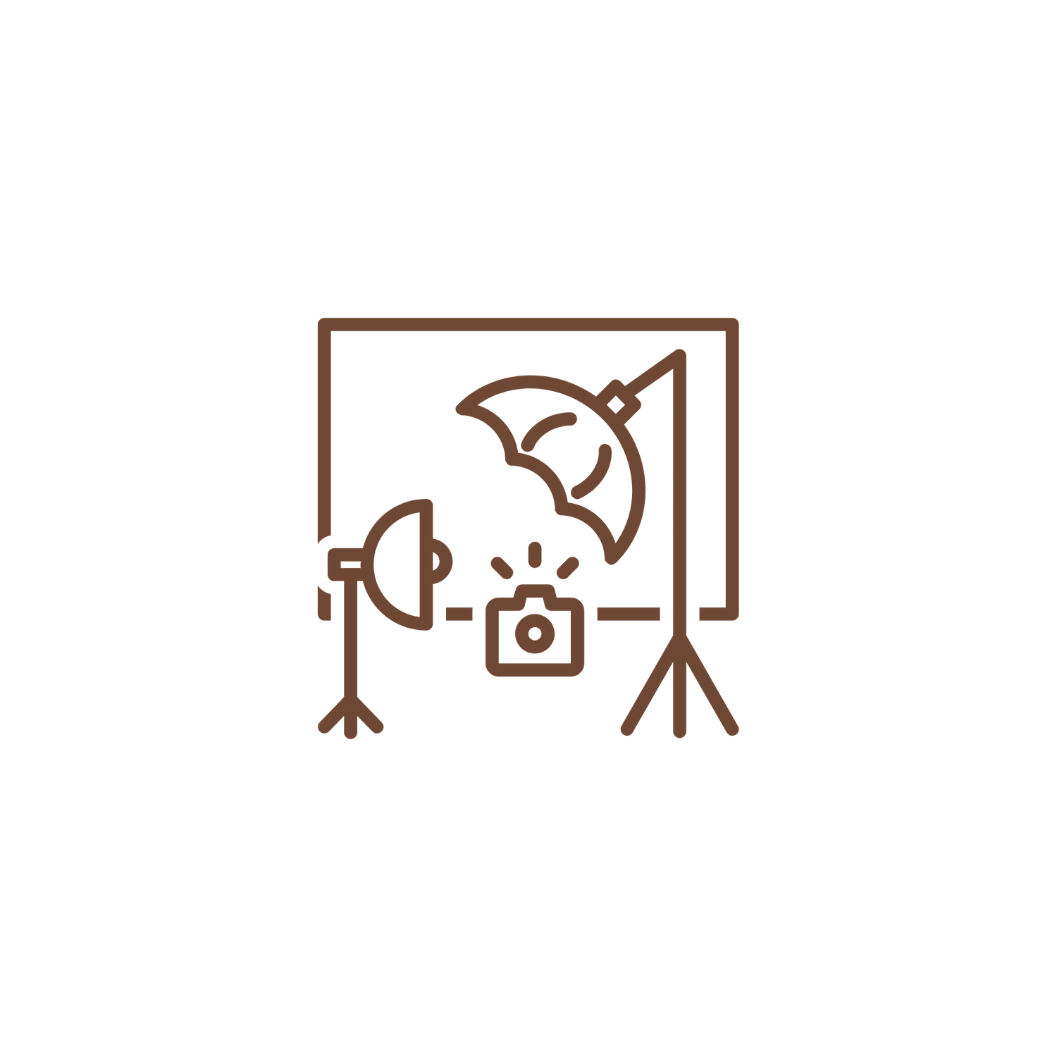 Photography studio setup with camera, umbrella reflector, backdrop stand, and lighting equipment icon.