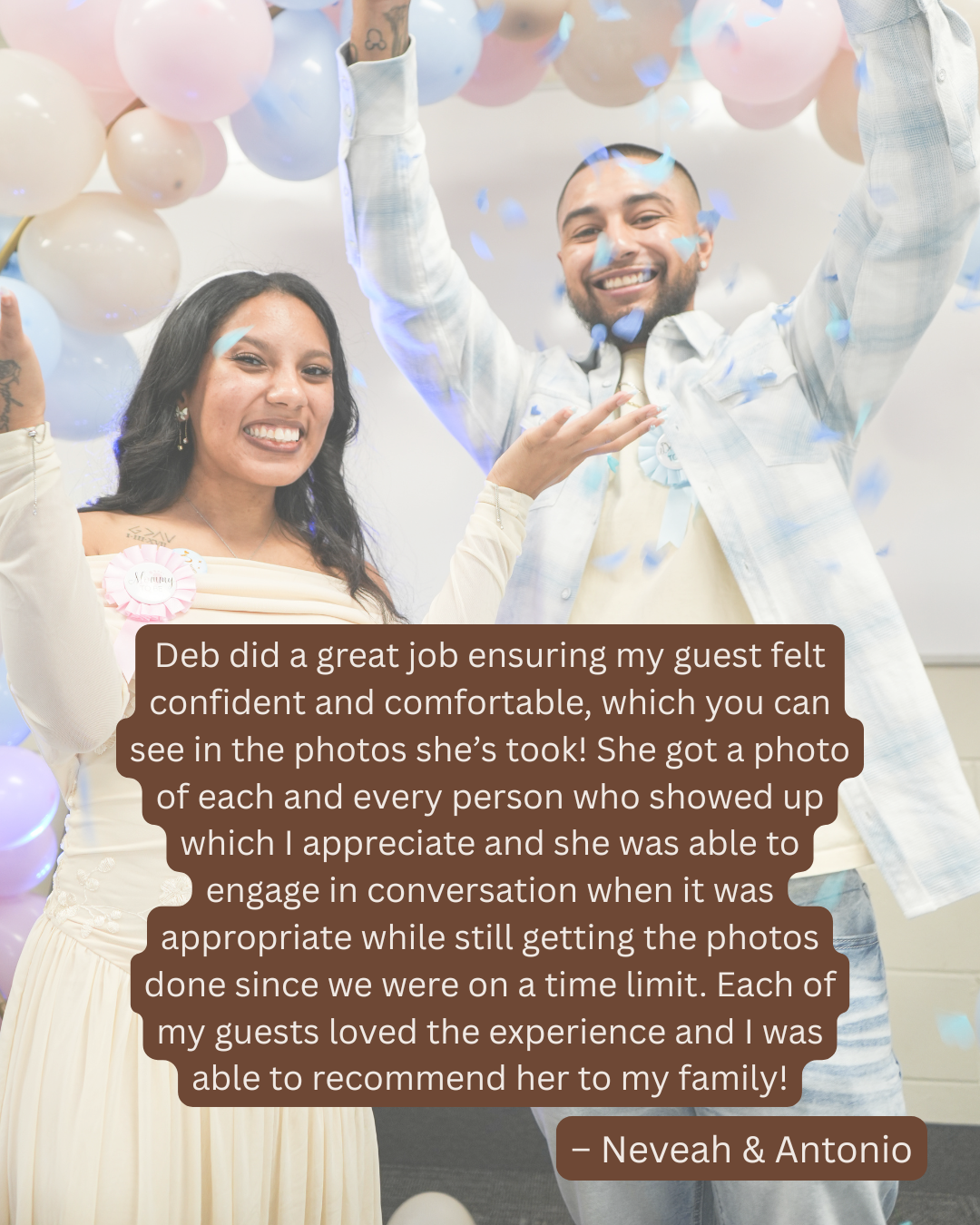 Couple celebrates at a gender reveal party with balloons, featuring a glowing five-star review from Neveah and Antonio.