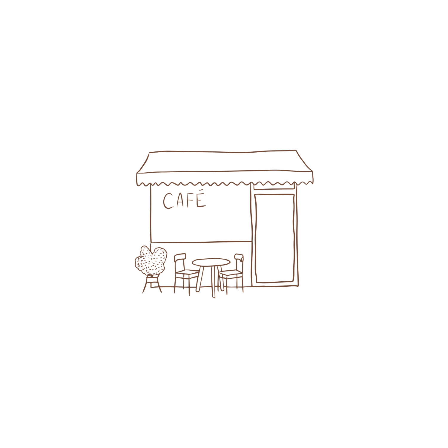 Minimalist line drawing of a charming cafe storefront with outdoor seating, awning, and CAFE sign.