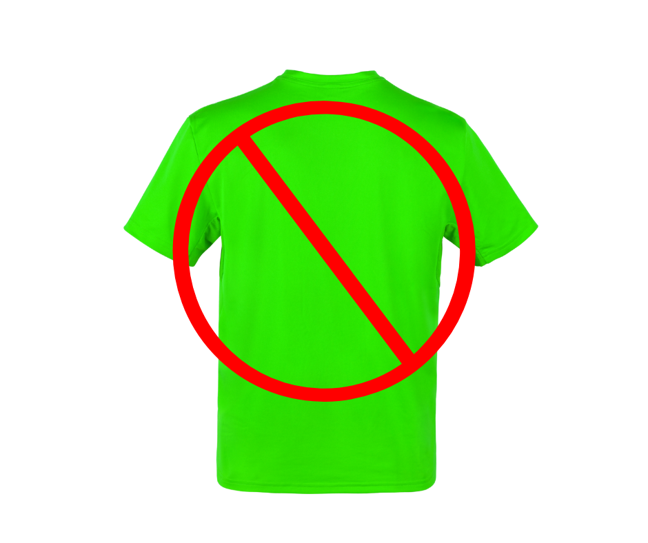 A bright green t-shirt with a red prohibition symbol overlaid indicating no shirts allowed.