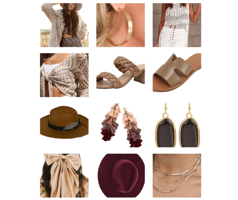 A collage of trendy fall fashion items including boots, hats, sweaters, and accessories in neutral and burgundy tones.
