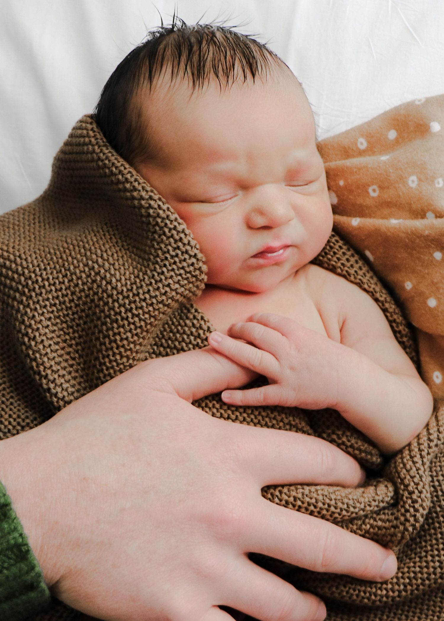 Peaceful sleeping newborn baby wrapped in brown knit blanket with gentle hand touching.
