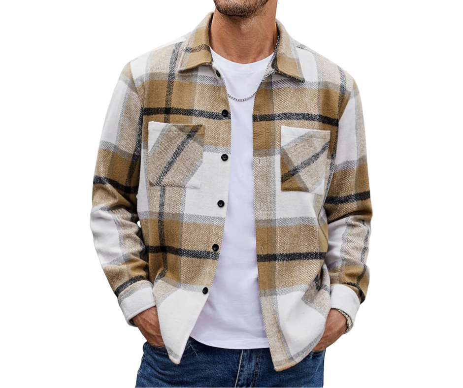 Plaid flannel button-up shirt in brown and beige tones layered over white t-shirt with blue jeans.