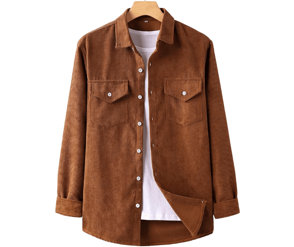 Brown corduroy button-up shirt jacket with chest pockets and white buttons shown from multiple angles.