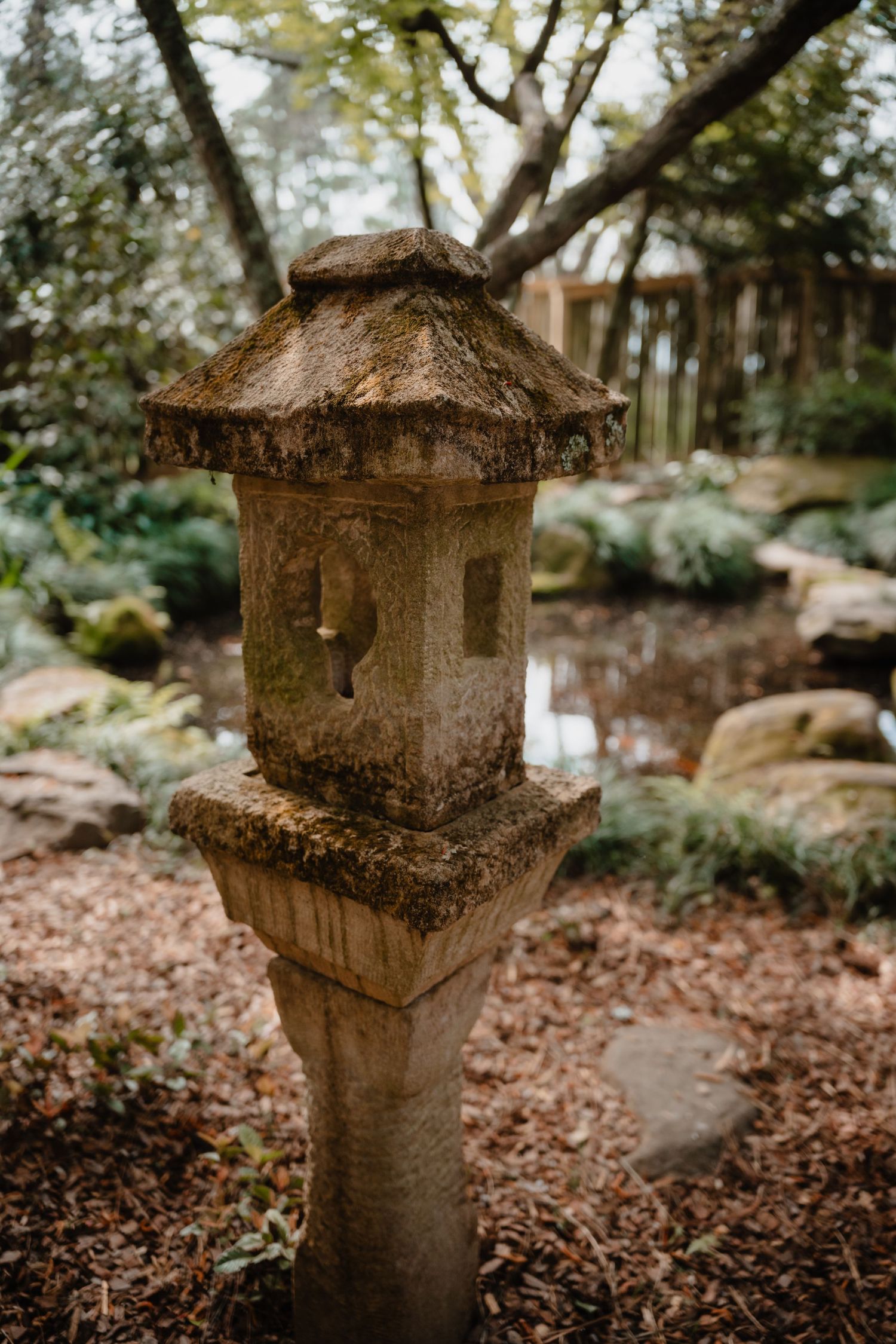 A weathered stone bird bath or lantern stands in a lush, forested garden setting.
