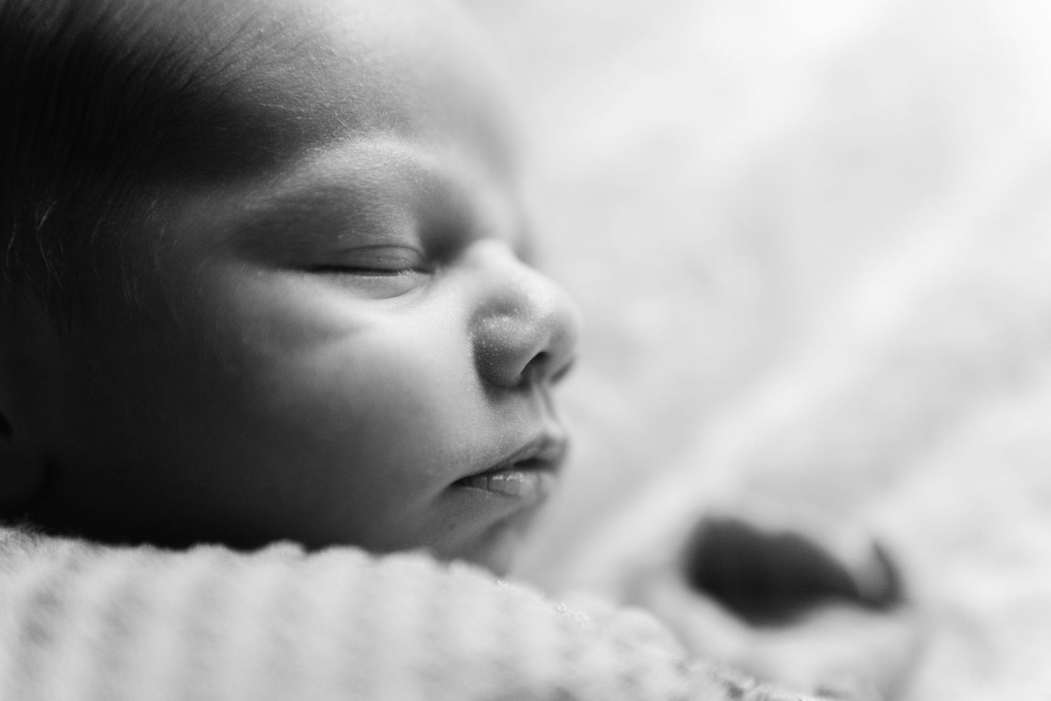 Black and white portrait of peaceful sleeping newborn baby.