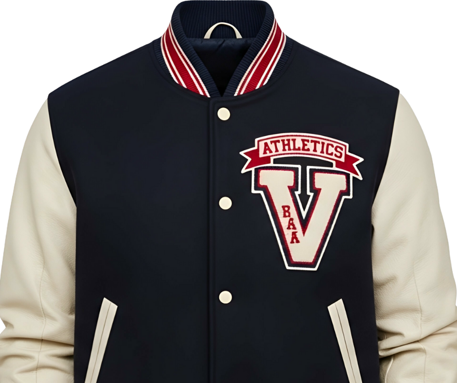 Close-up view of black and white varsity letterman jackets with red and white striped collar and athletic patches.
