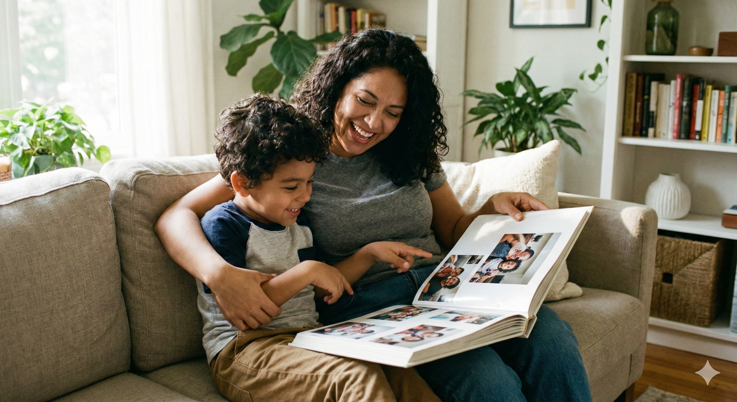 Madre e hijo riendo mientras miran un álbum de fotos familiar en el sofá, la importancia de imprimir tus recuerdos, fotografía lifestyle