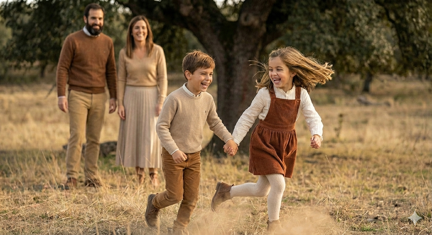 Una familia camina junta por un camino polvoriento a través de un campo dorado durante la puesta de sol.
