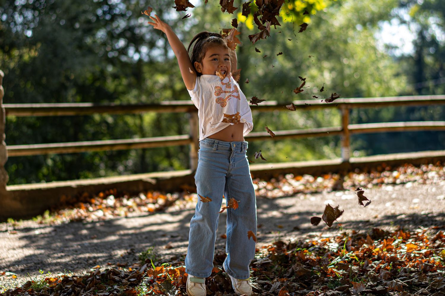 Un niño pequeño juega entre las hojas caídas del otoño en una tarde soleada en un parque.