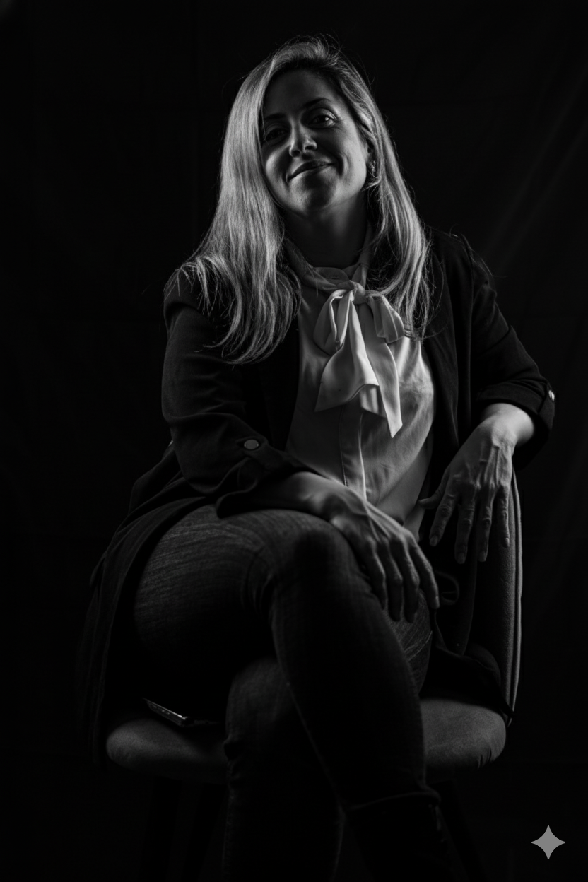 Fotógrafa profesional sentada en sesión de fotografía de retrato en blanco y negro por MerakibyVgracia