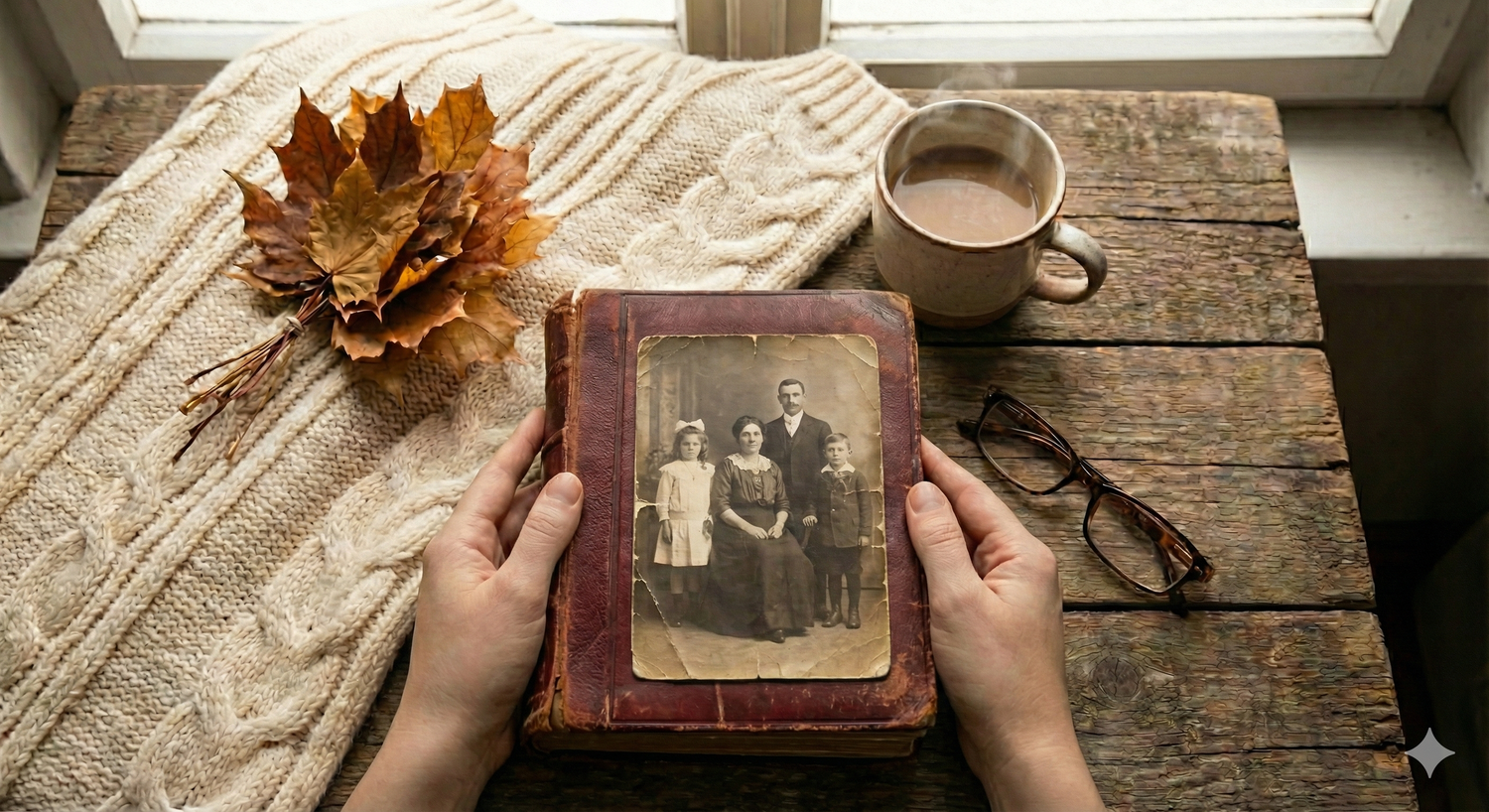 Manos sosteniendo un álbum de fotos familiar antiguo sobre una mesa de madera, la importancia de imprimir fotografías y guardar recuerdos