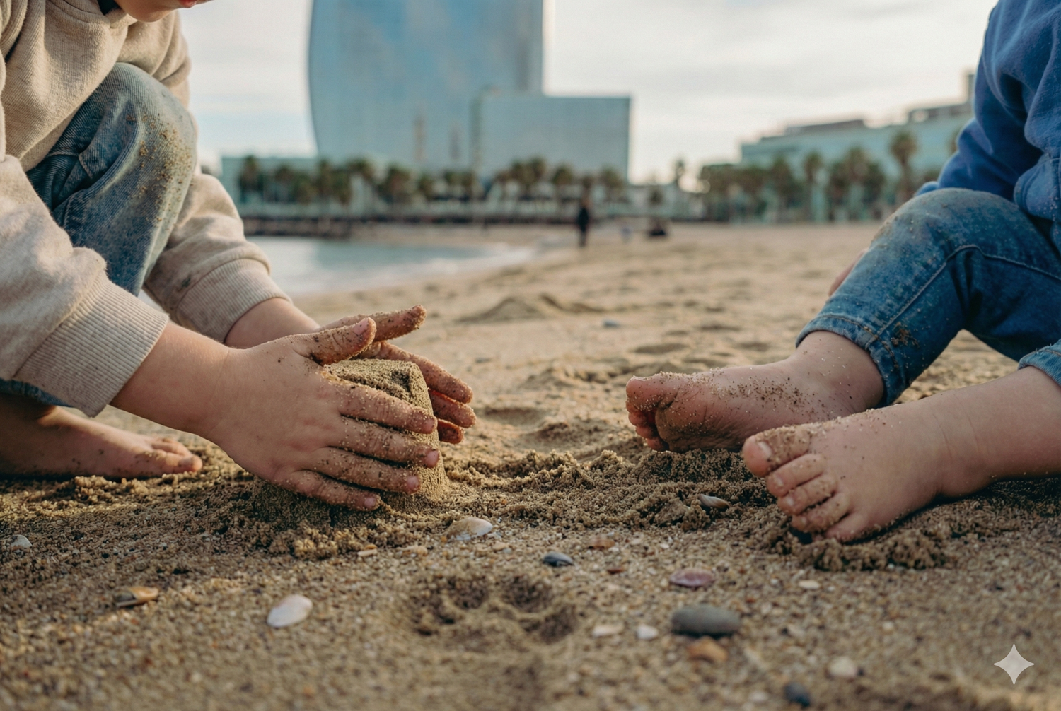 Primer plano de las manos y pies de unos niños jugando en la arena de la playa, fotografía documental de familia sin posados en Barcelona