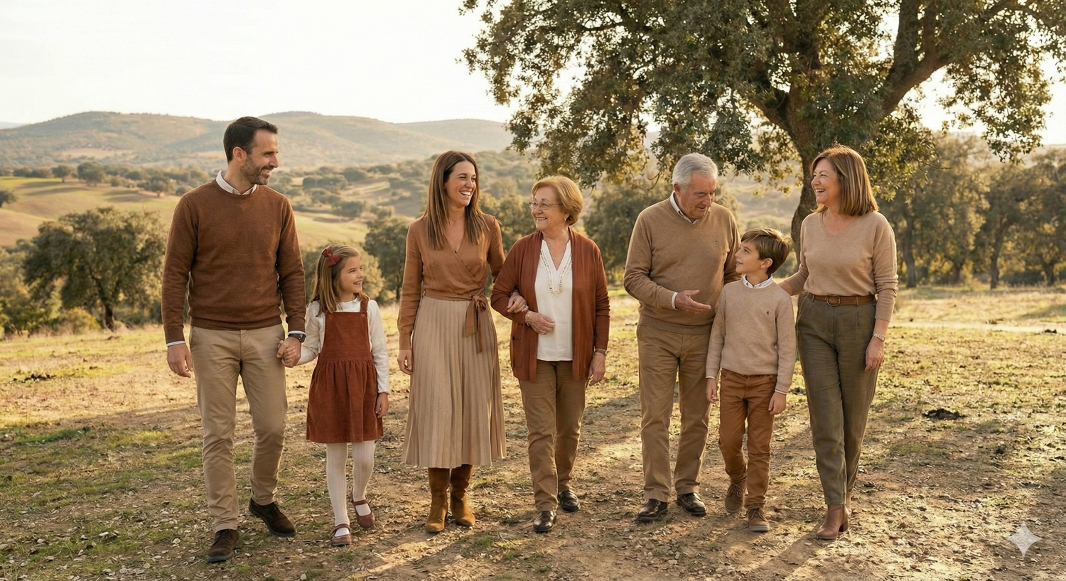 Una familia paseando junta por un campo bañado por el sol en la hora dorada, vestida con ropa informal.