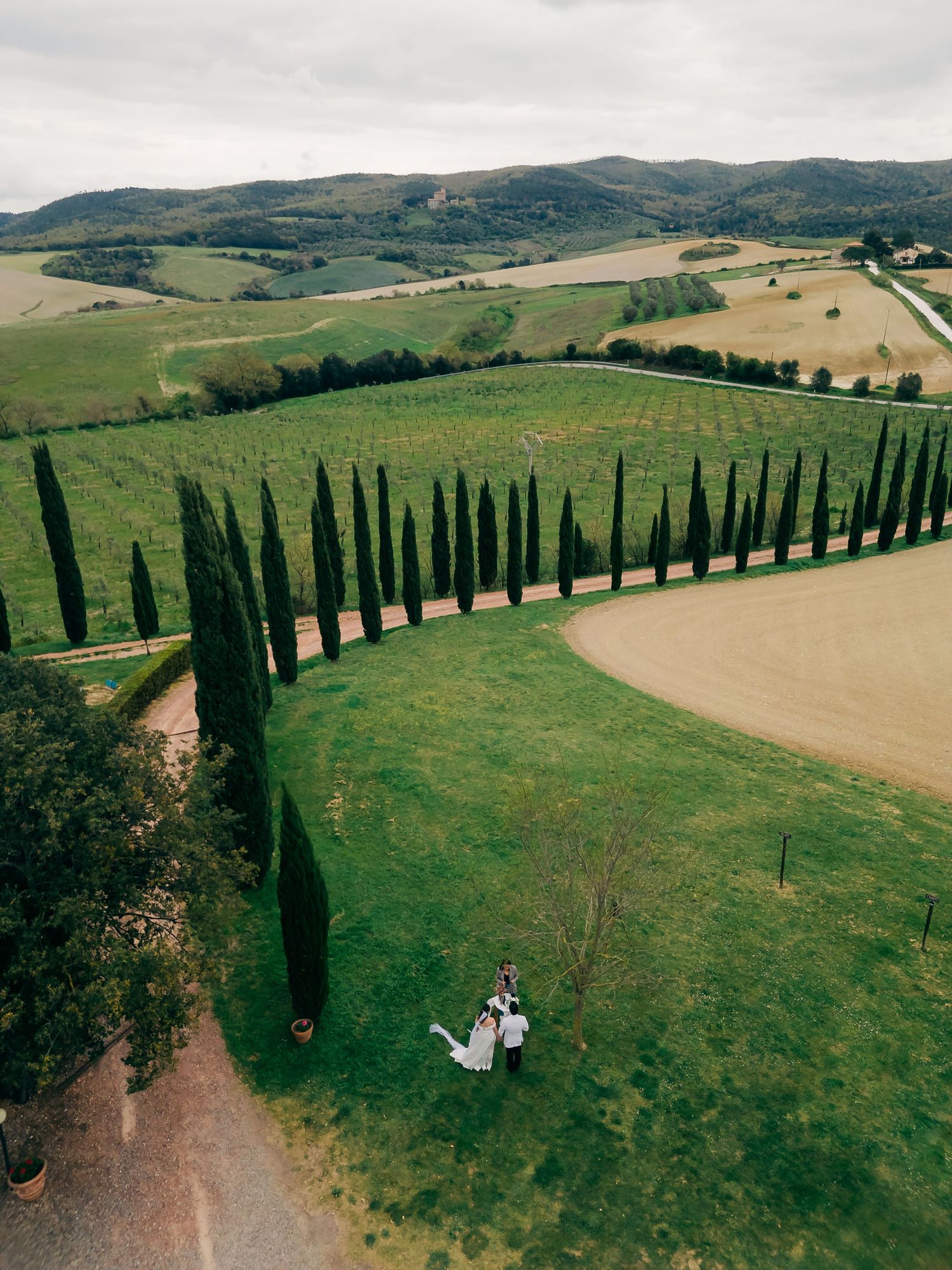 Aerial view of a couple on manicured grounds lined with cypress trees in the Tuscan countryside.
