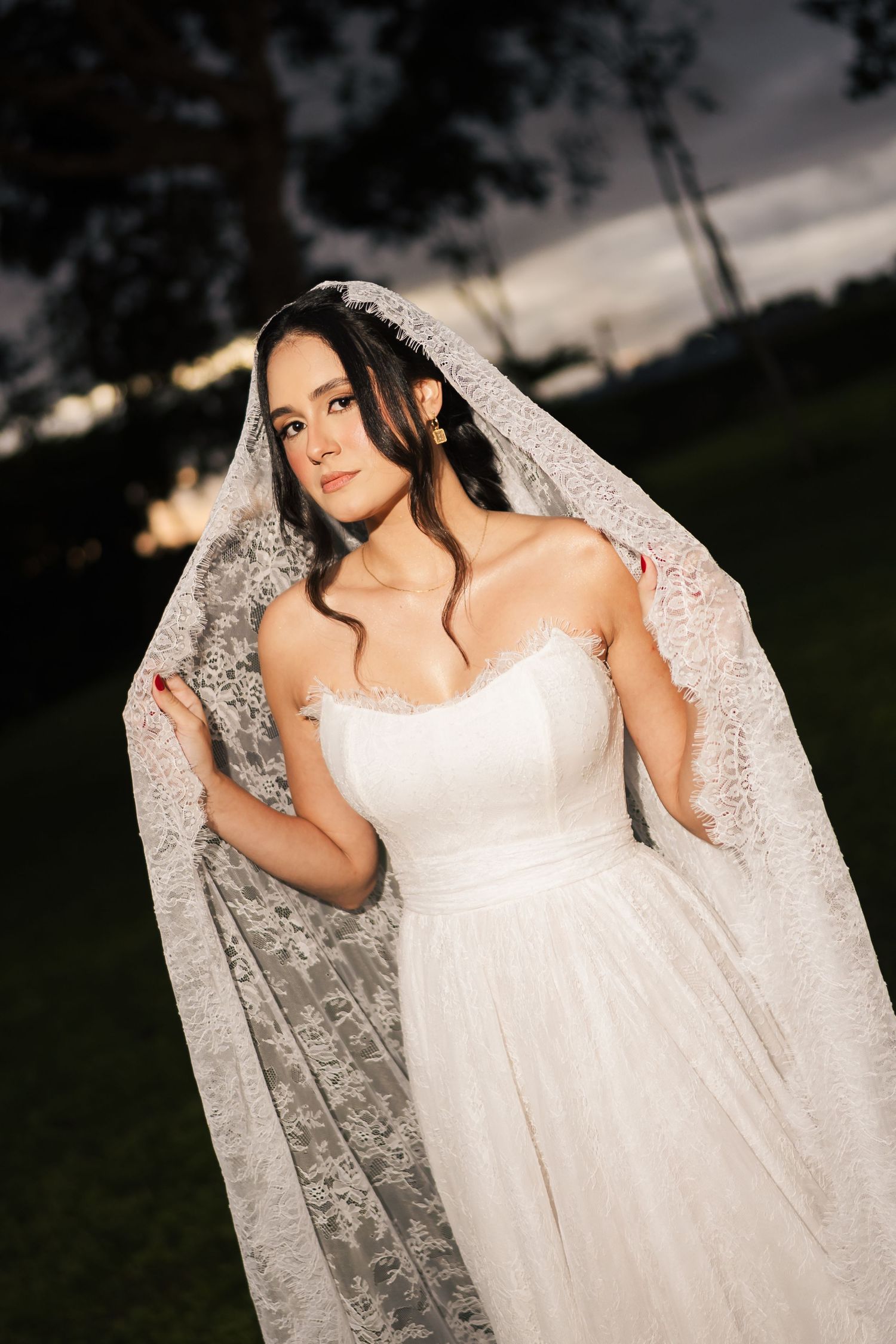 Bride in strapless white lace gown holding veil at dusk outdoors.