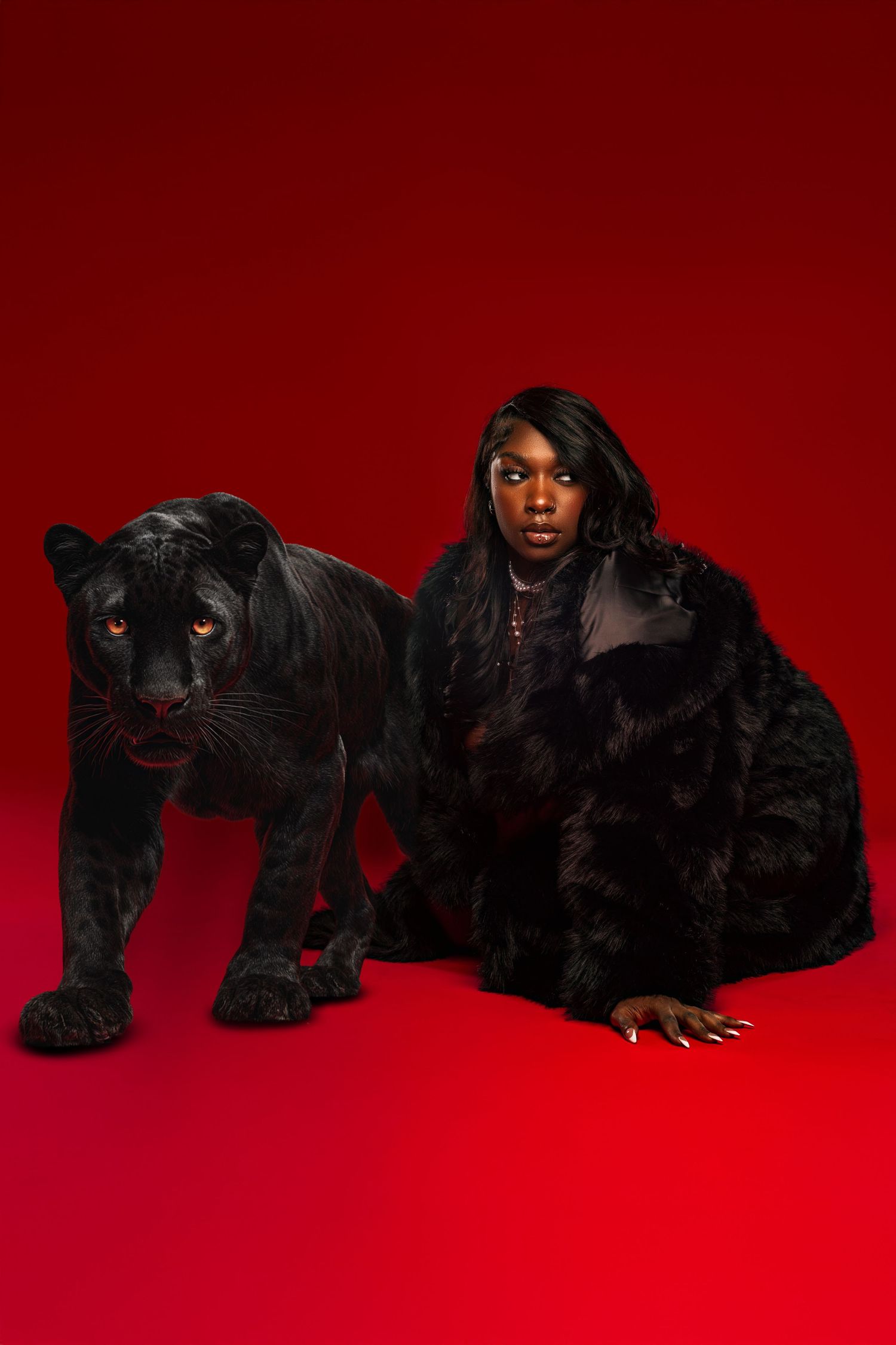 Dramatic studio portrait with black panther on red background showcasing power and elegance.