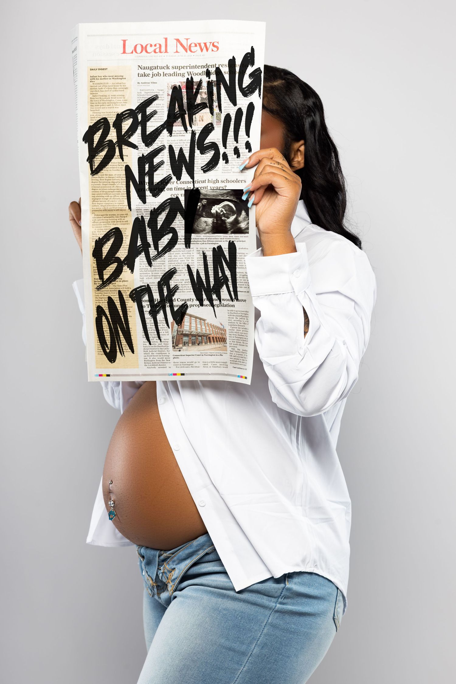 Creative pregnancy announcement photos with person holding newspaper headlines revealing baby news.