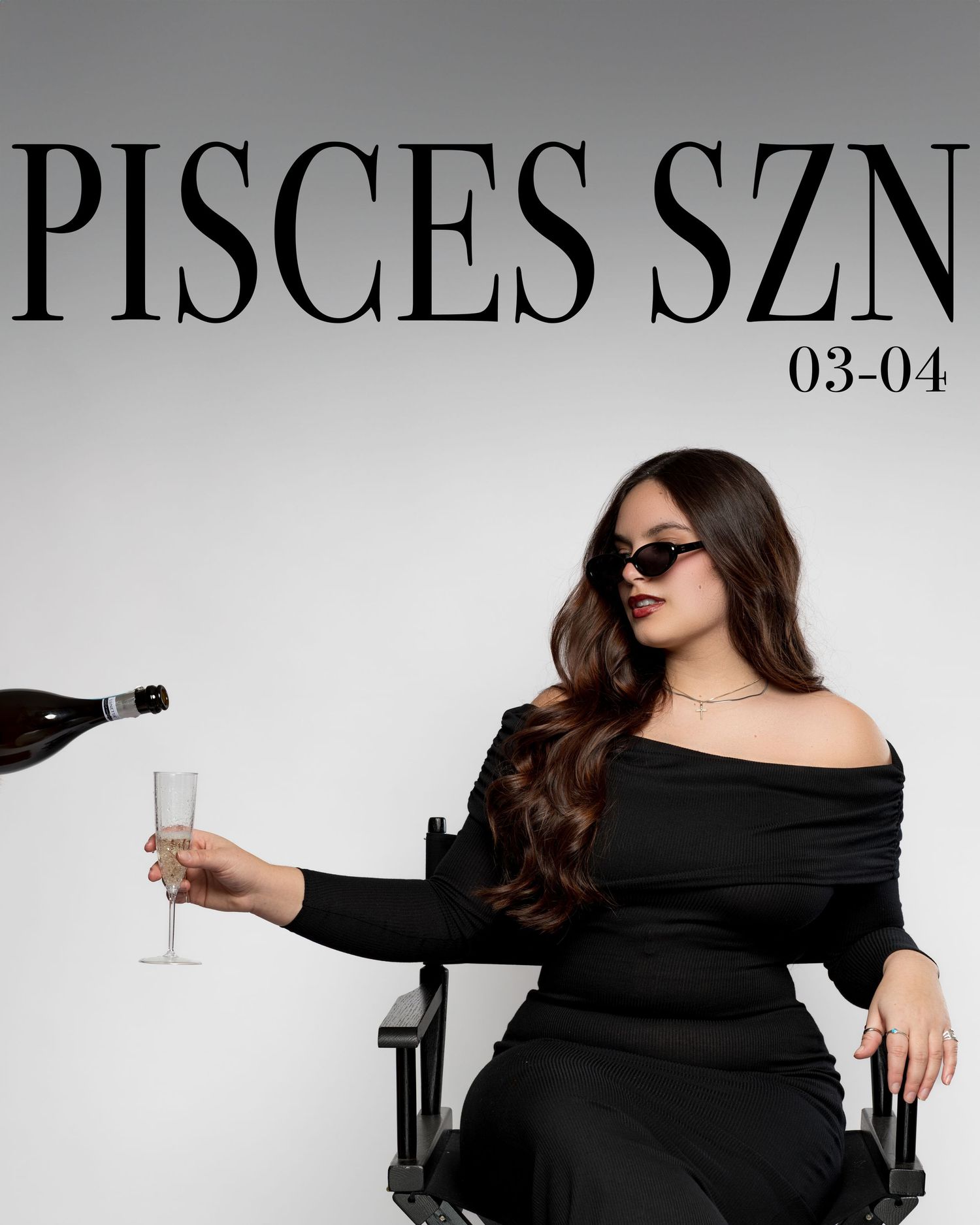 A series of fashion photos showing a model in a black off-shoulder dress posing against a light background.