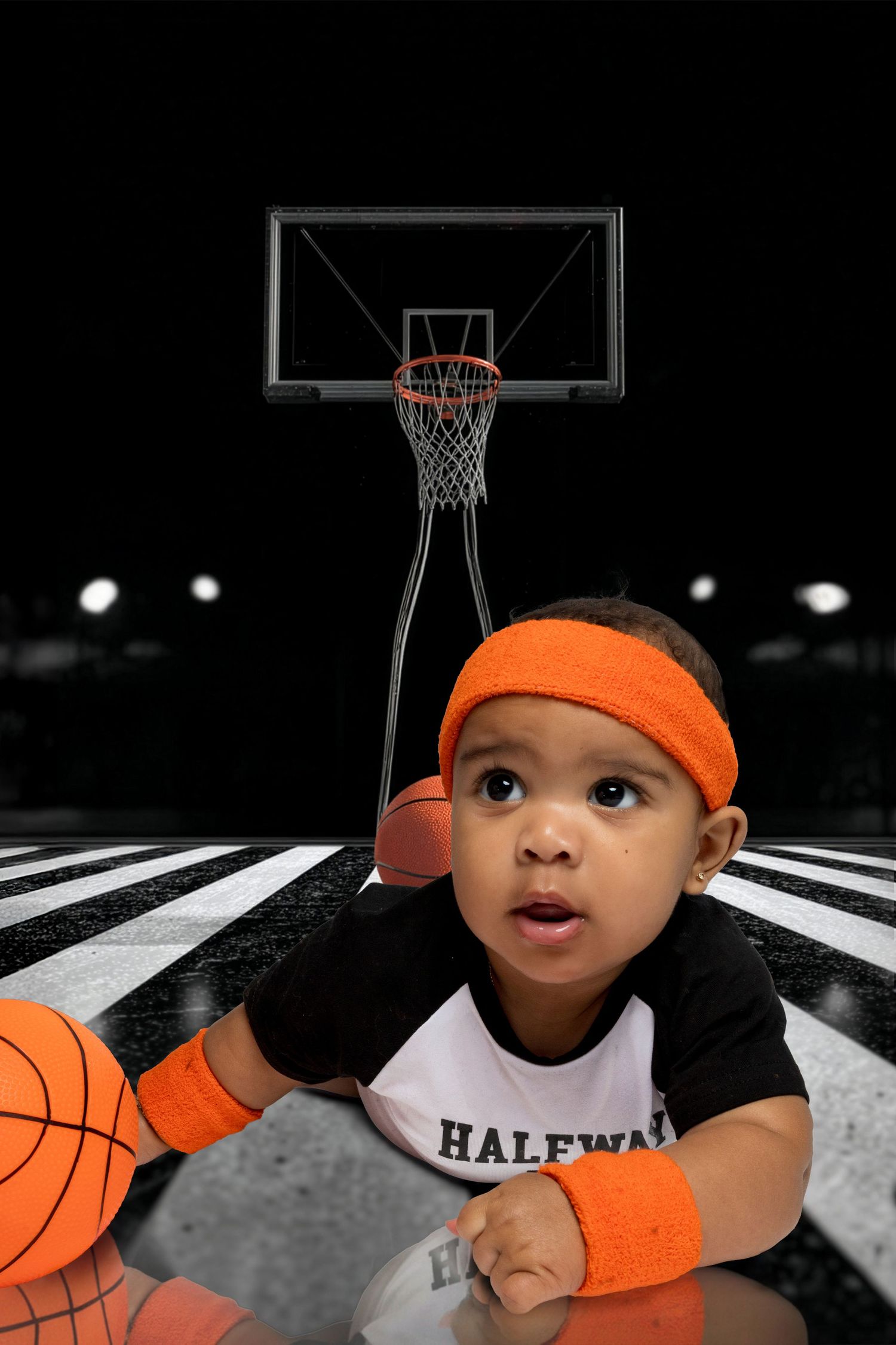 A basketball player wearing an orange headband and white jersey against a black and white background.