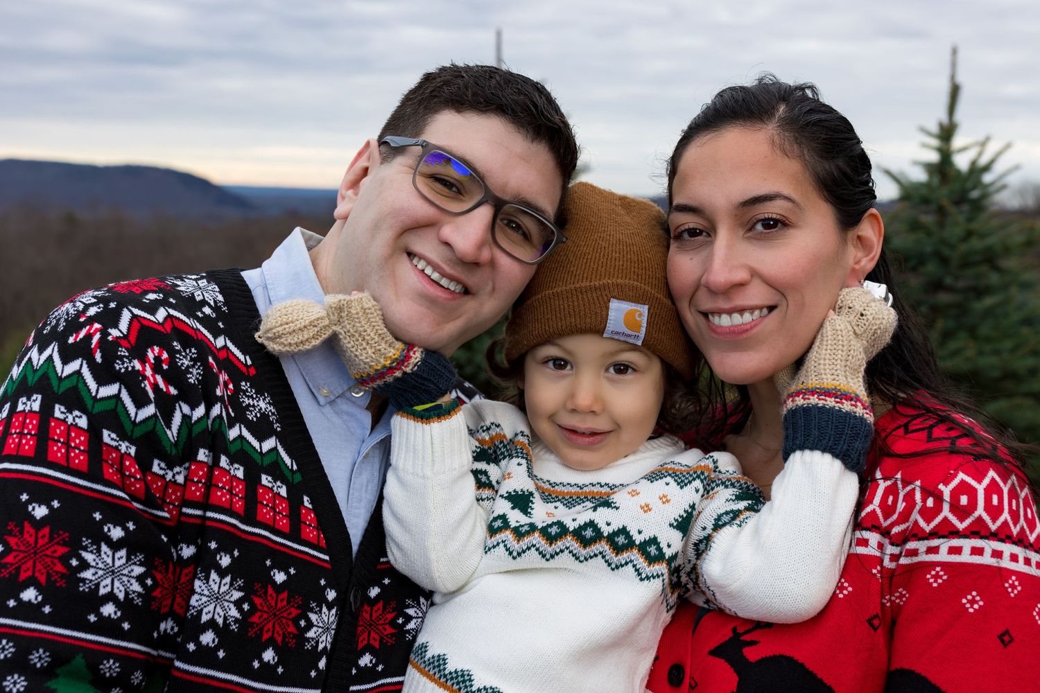 People wearing festive holiday sweaters pose together in a series of cozy winter photos.