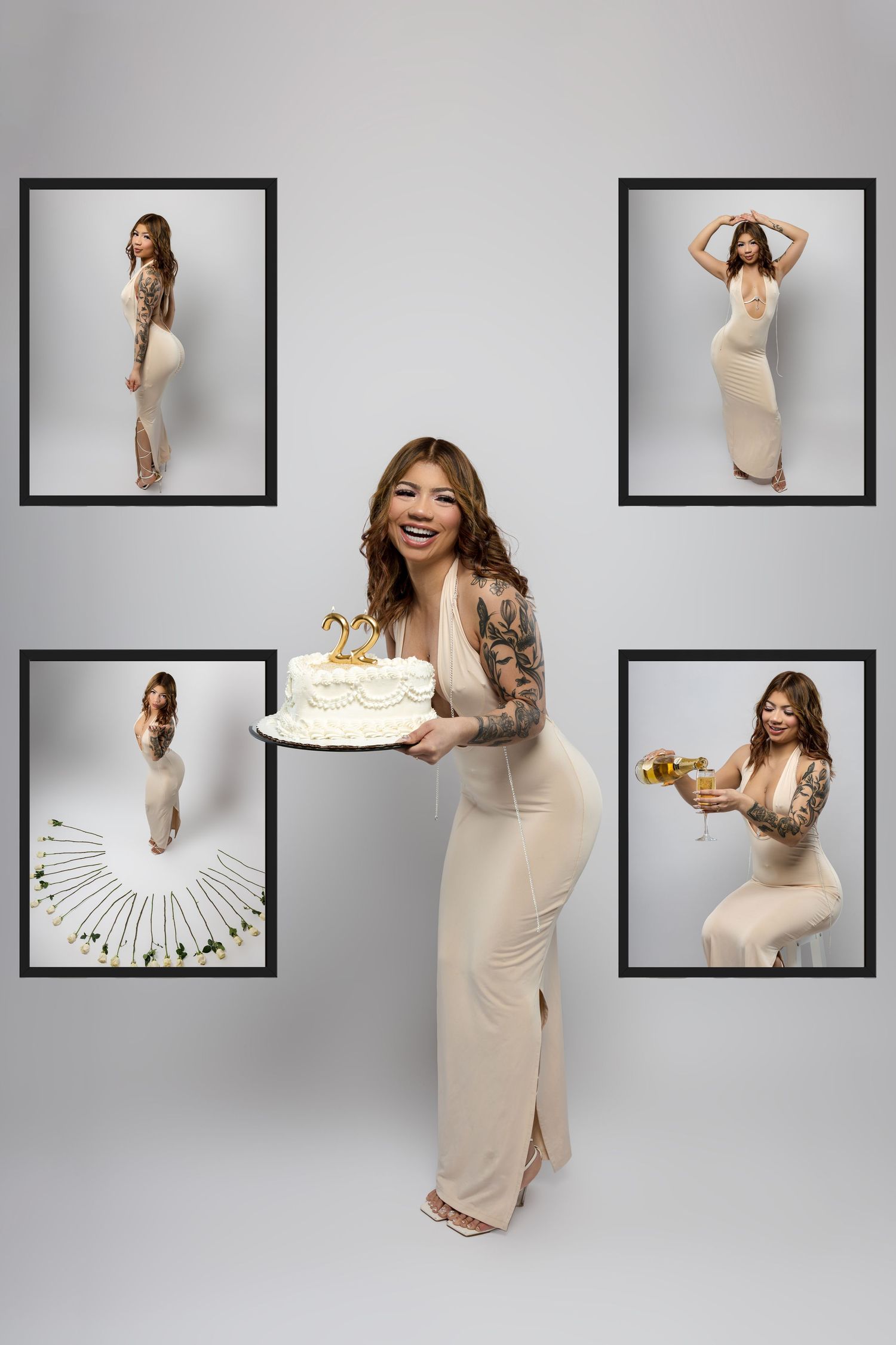 A series of artistic portraits showing a person in a beige dress posing with a white cake against a grey backdrop.