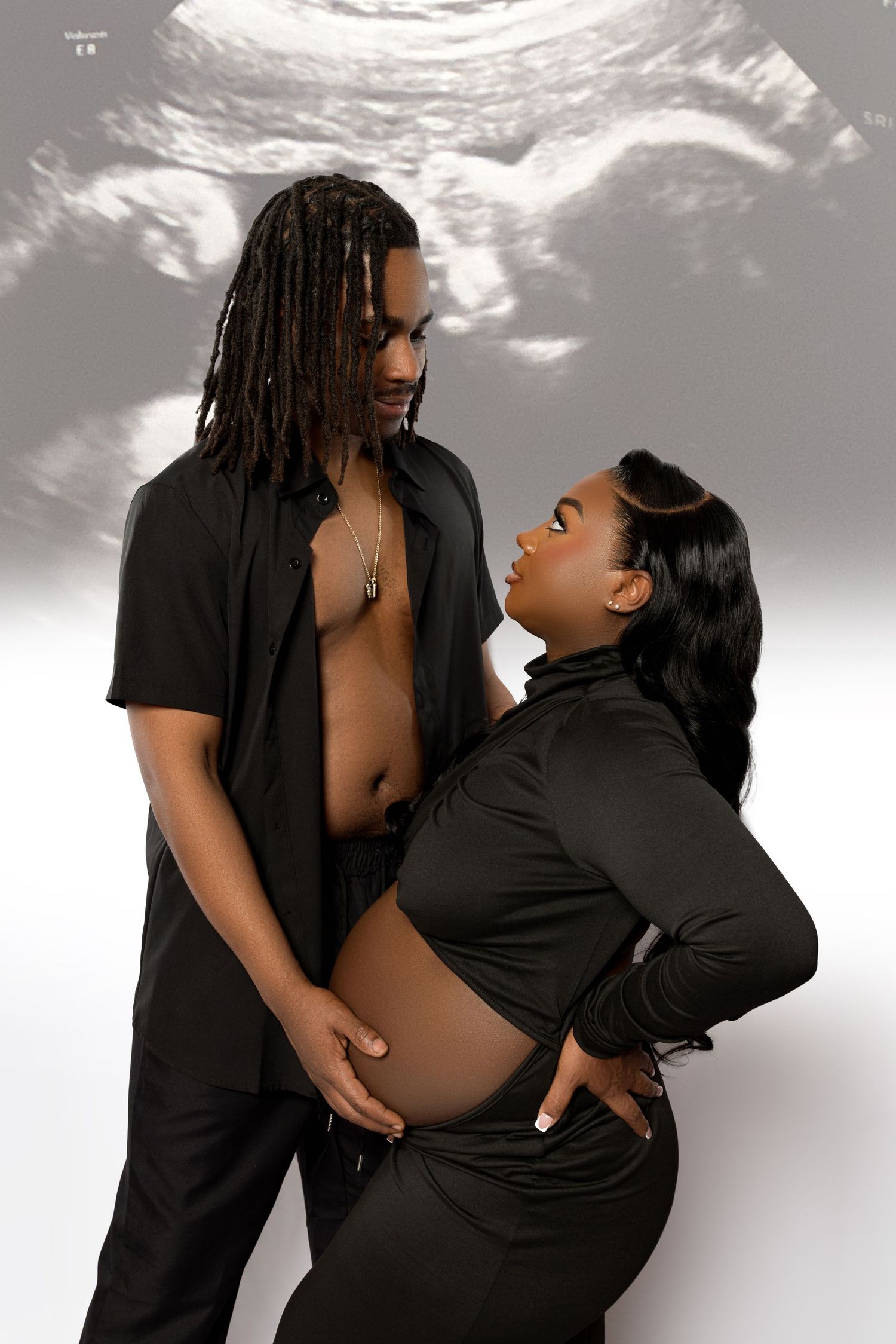 A series of romantic black and white photos showing an intimate couple embracing in silhouette against a cloudy background.