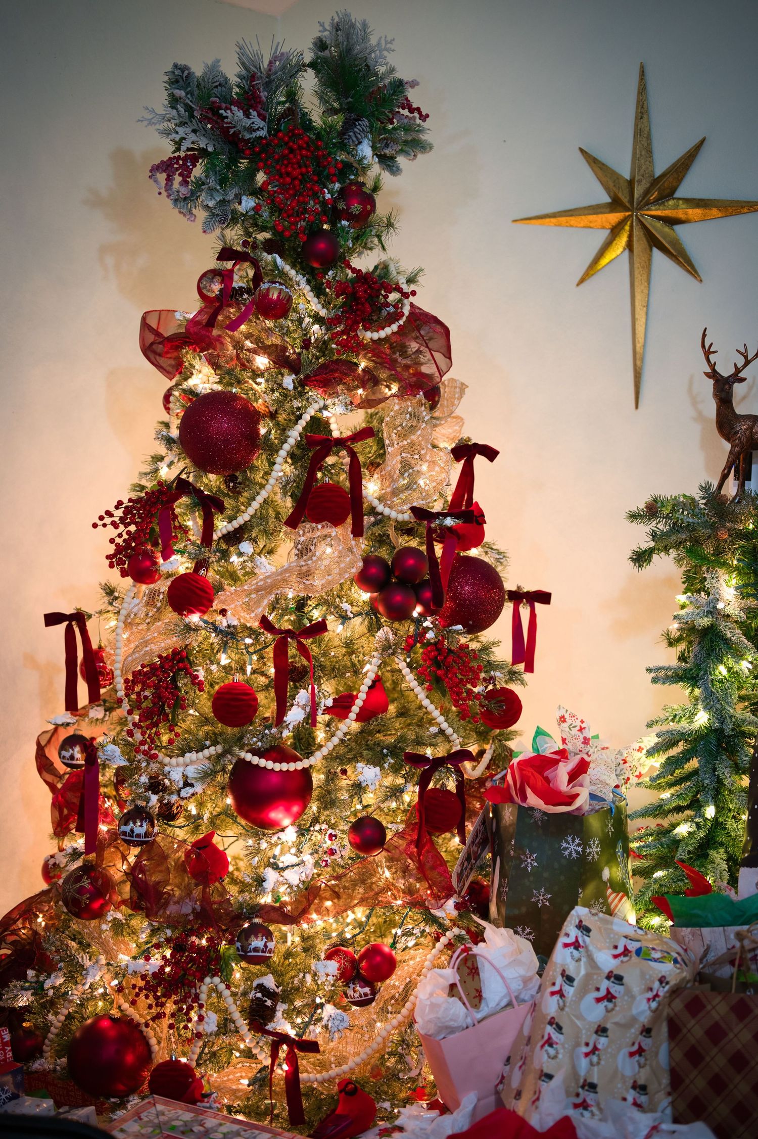 Beautifully decorated Christmas trees with red ornaments, gold stars, and twinkling lights create a festive holiday display.