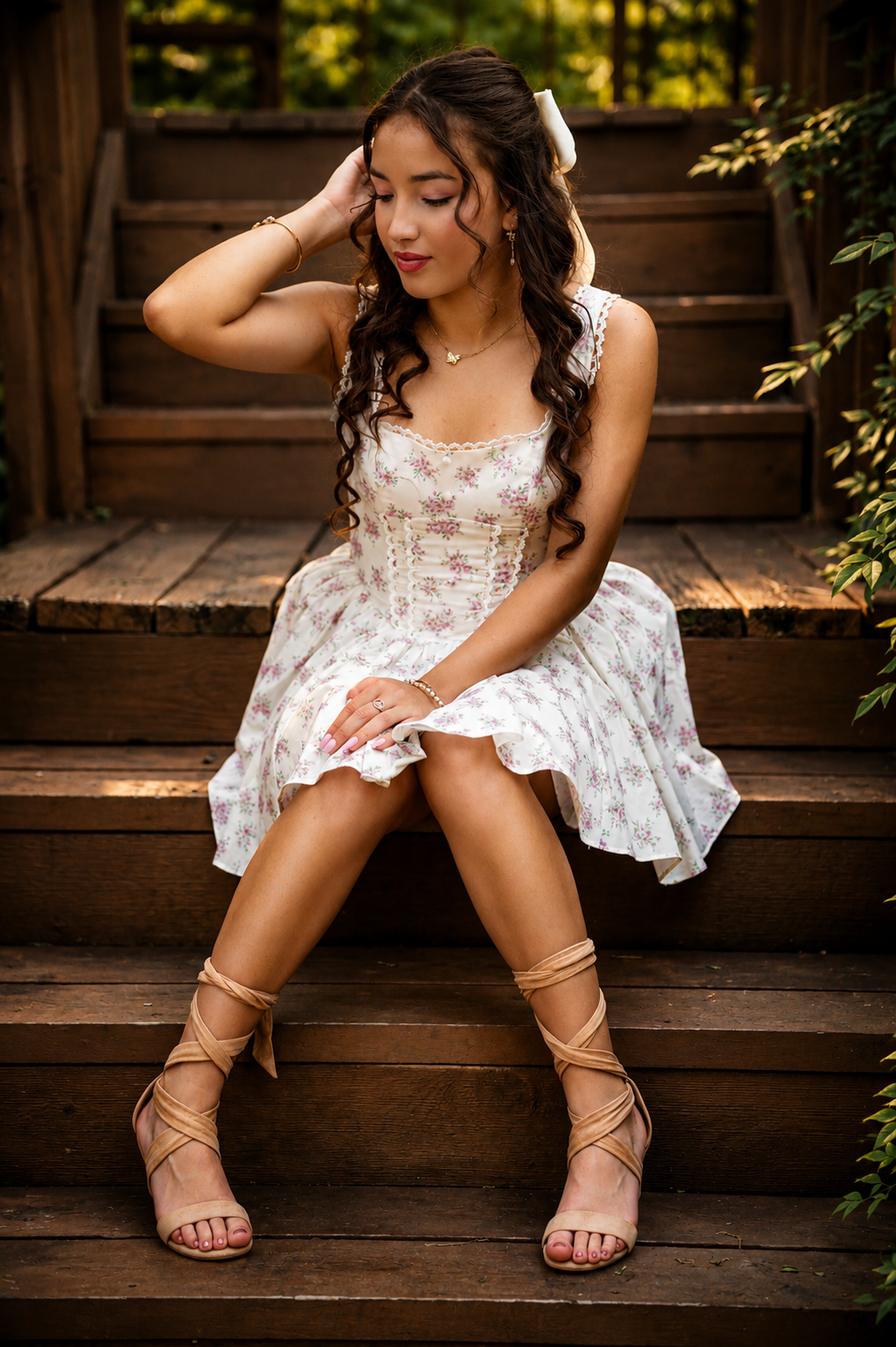 Woman with long wavy dark hair in a floral lace-up sundress and strappy tie-up sandals sitting on rustic wooden steps outdoors.